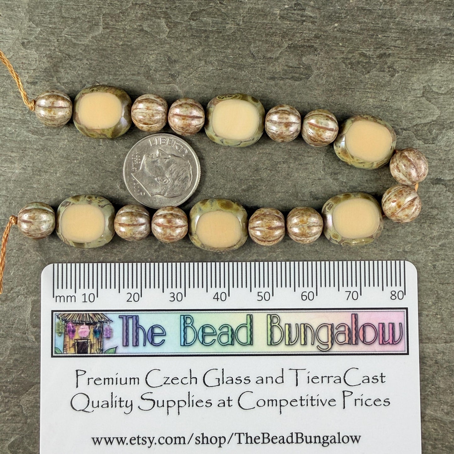 Czech Glass - Round Melon and Table-cut Oval, Beige Alabaster Picasso (BBEM/722.1) * 18 Beads