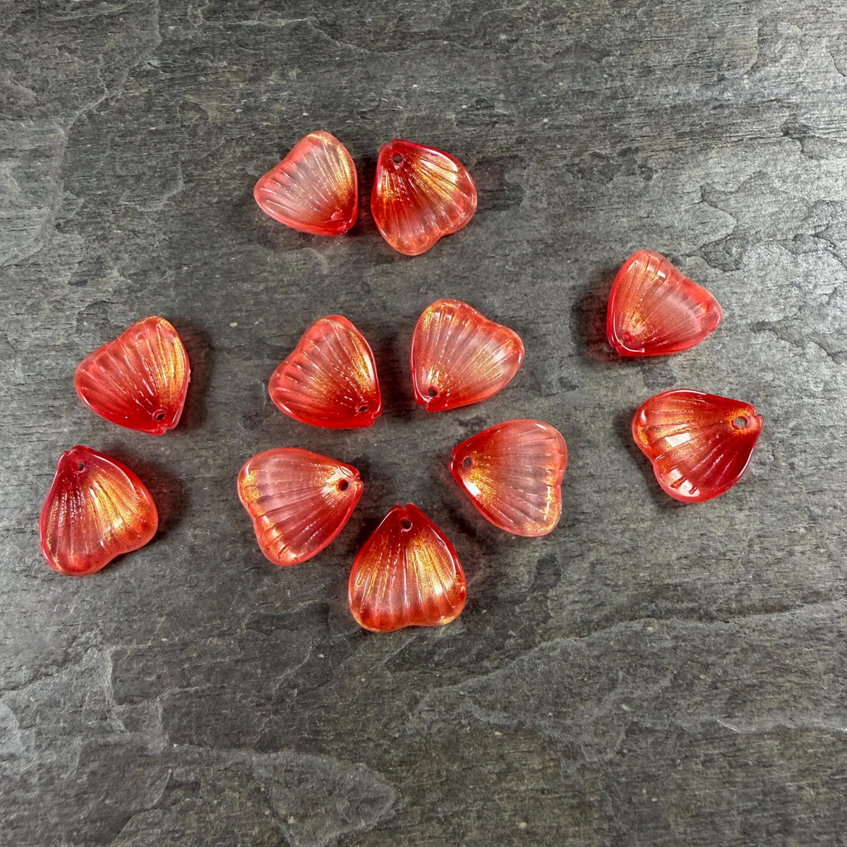 Glass Flower Petals, 16mm Petal Shaped Beads, Red Orange, Scarlet * 12 Beads