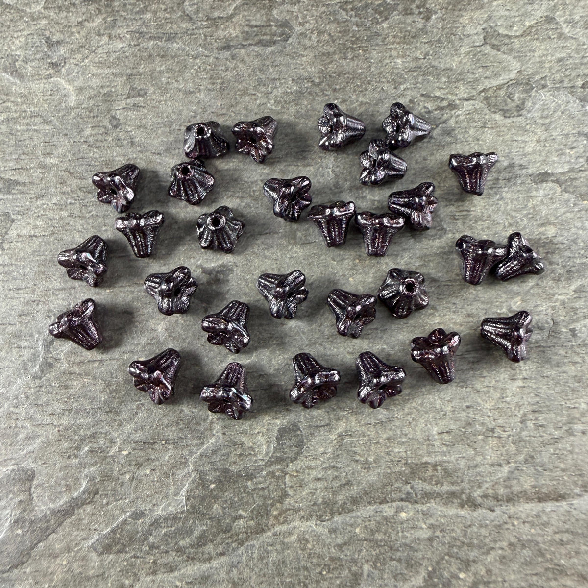 Czech Beads - 5x6mm Small Trumpet Bell Flower, Black Luster (FLO/N-0442) * 30 Beads