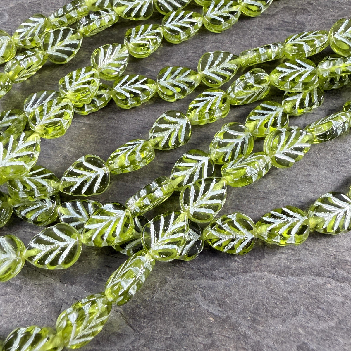 Czech Glass Beads, Transparent Peridot Green 10x8mm Mint Leaf with White Wash (50200/54311) * Qty. 16