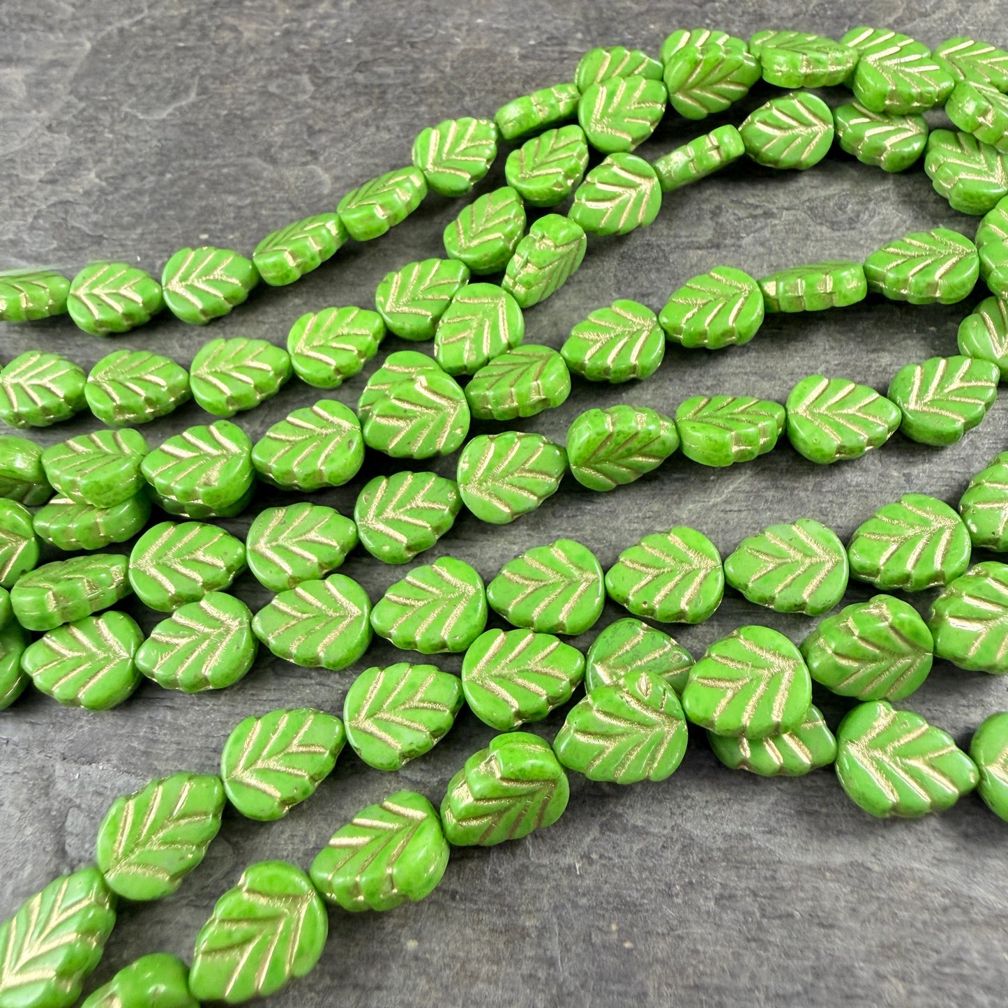 Czech Glass Beads, Lime Green 10x8mm Mint Leaf with Gold Wash (33311/54202) * Qty. 16