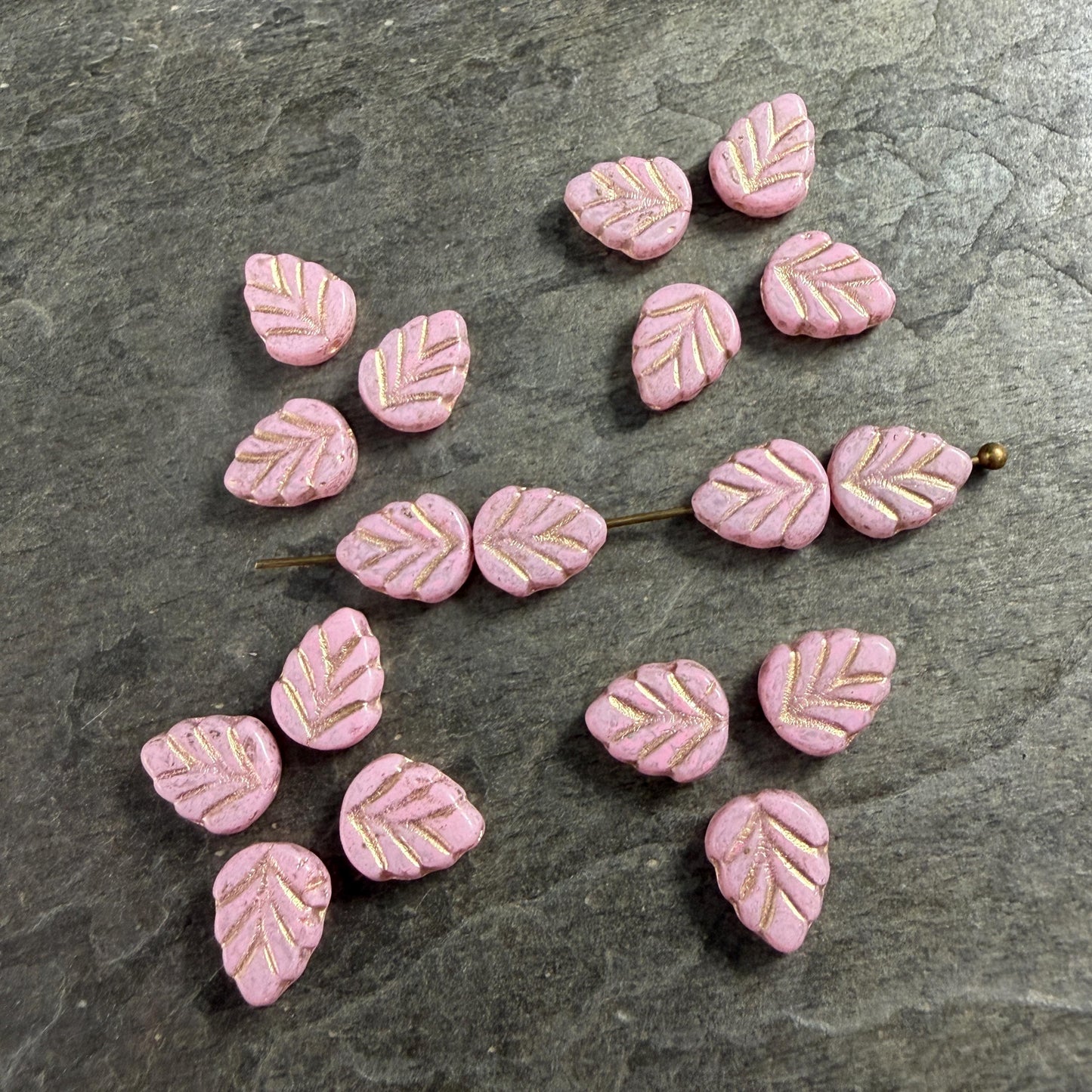 Czech Glass Beads, Pastel Pink 10x8mm Mint Leaf with Gold Wash (33304/54202) * Qty. 16