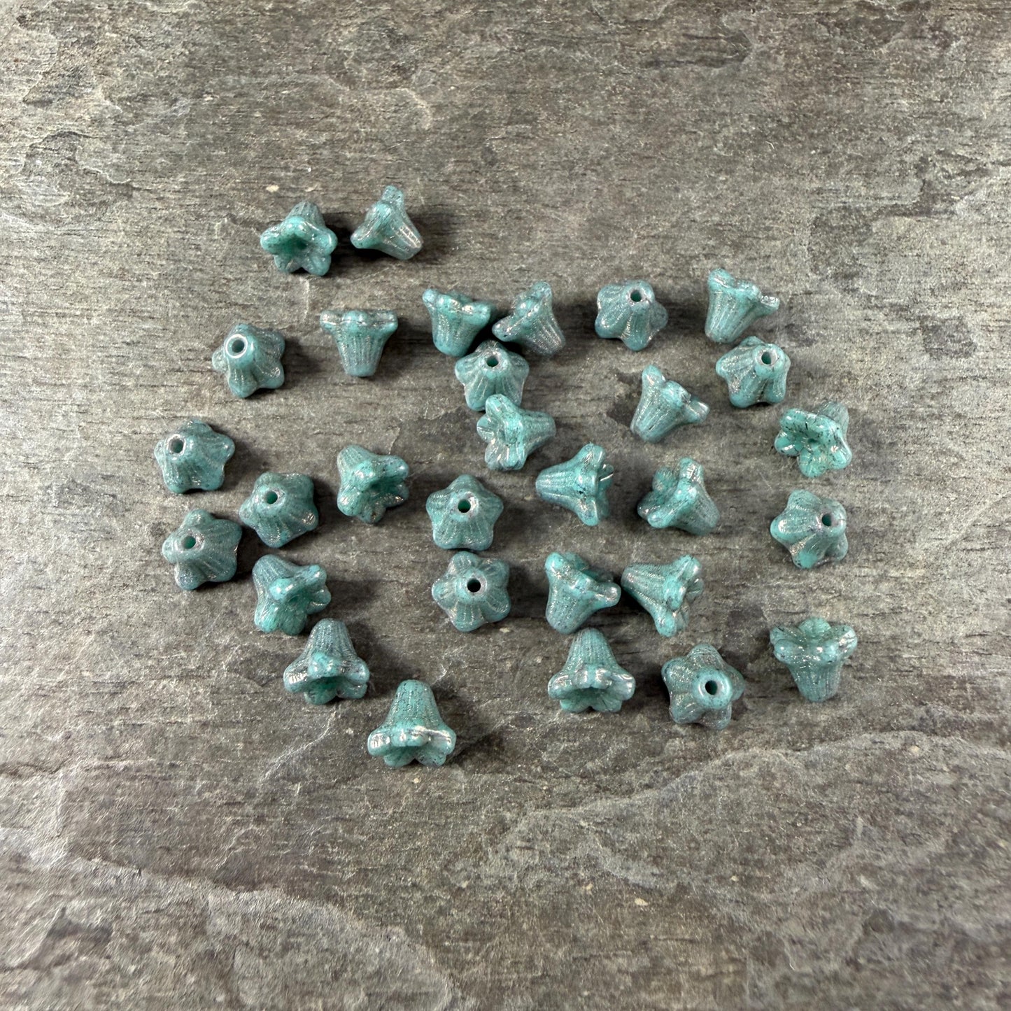 Czech Beads - 5x6mm Small Trumpet Bell Flower, Turquoise with Bronze Finish (FLO/N-2275) * 30 Beads