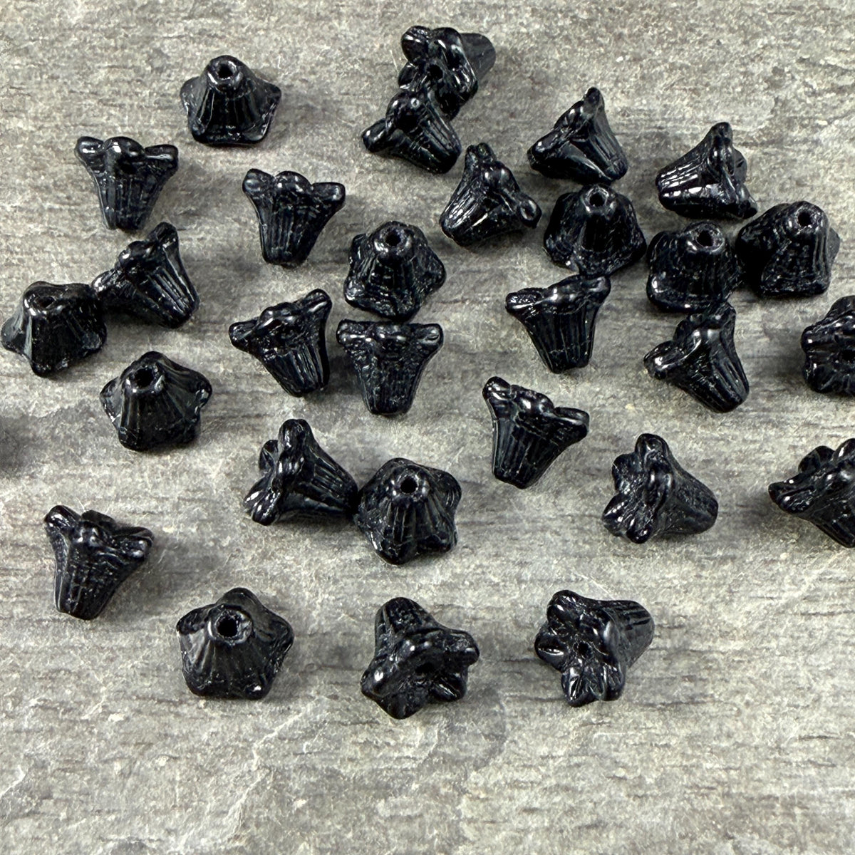 Czech Beads - 5x6mm Small Trumpet Bell Flower, Basic Black (FLO/N-0946) * 30 Beads