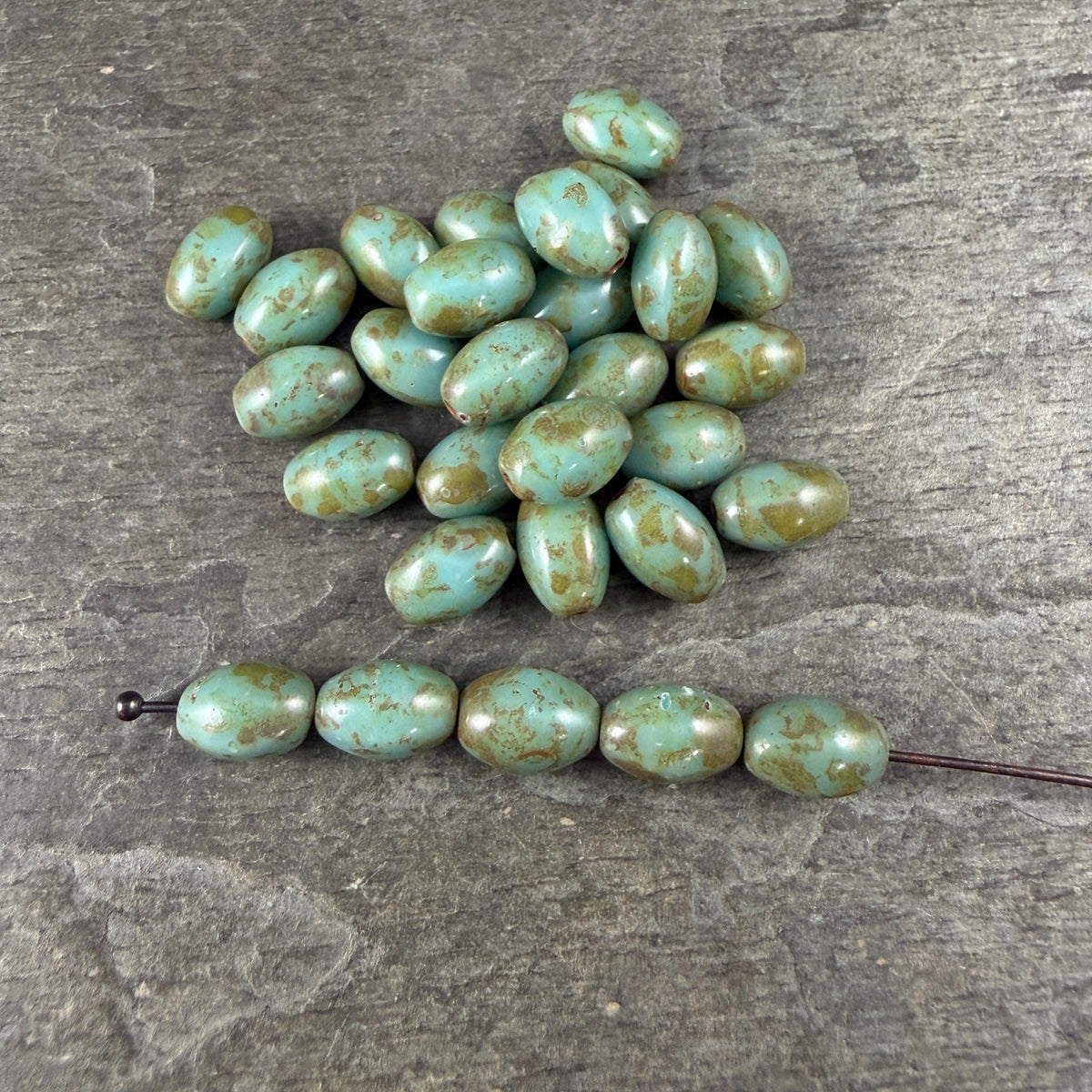 Czech Glass Beads - 9x6mm Olive Oval, Light Turquoise Picasso (R964850) * 20 Beads