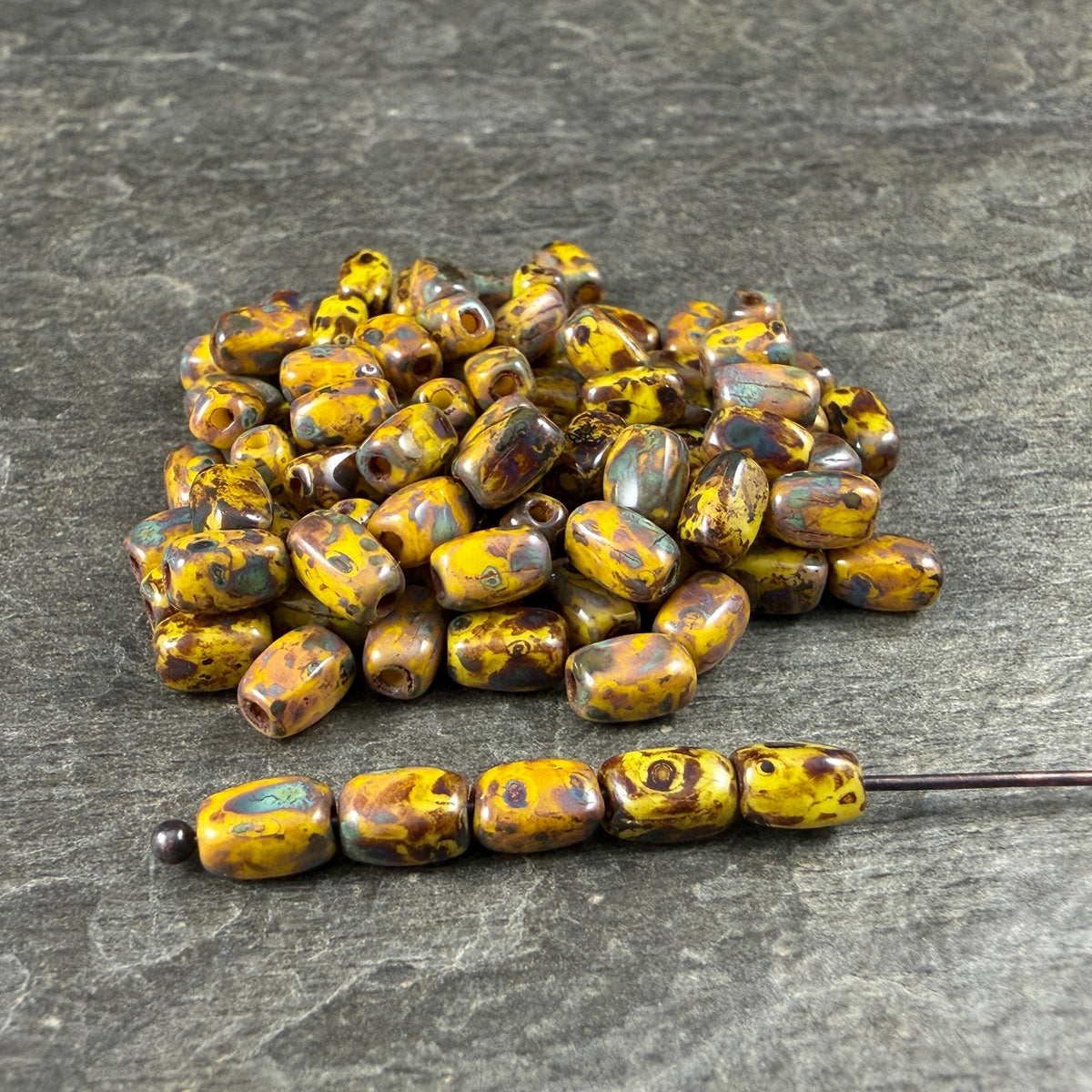 Czech Glass Beads - 5x3mm Rectangle, Yellow Picasso (R965327) * 50 Beads