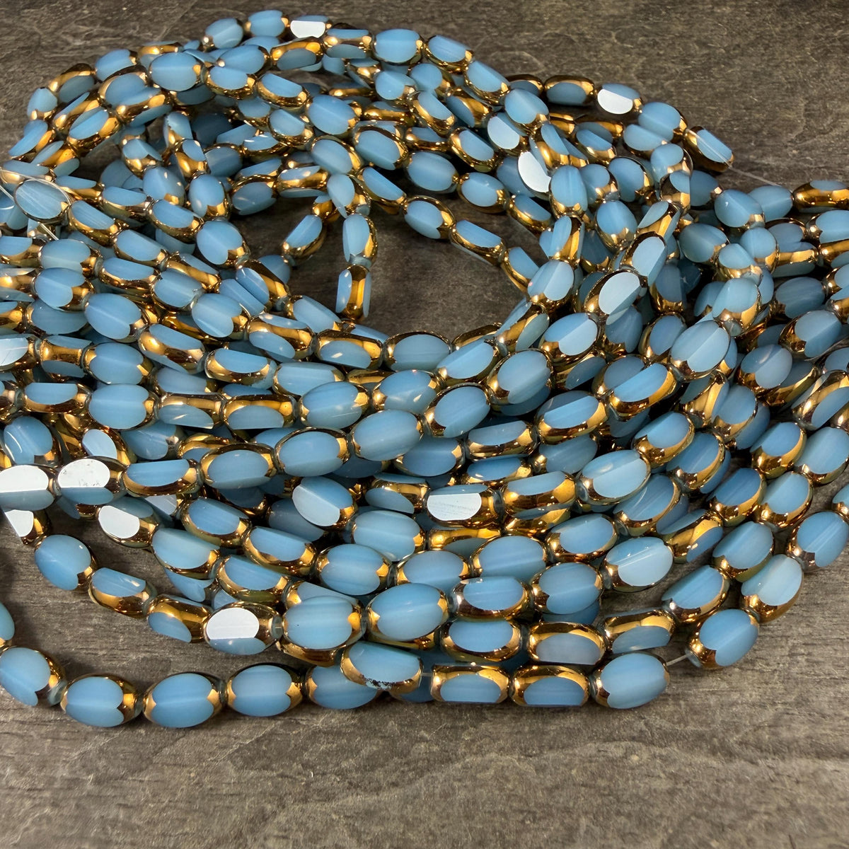 Electroplated Glass Beads - 7x4.5mm Faceted Oval, Opaque Cornflower Blue with Gold Finish (02B-02) * Qty. 50 Beads