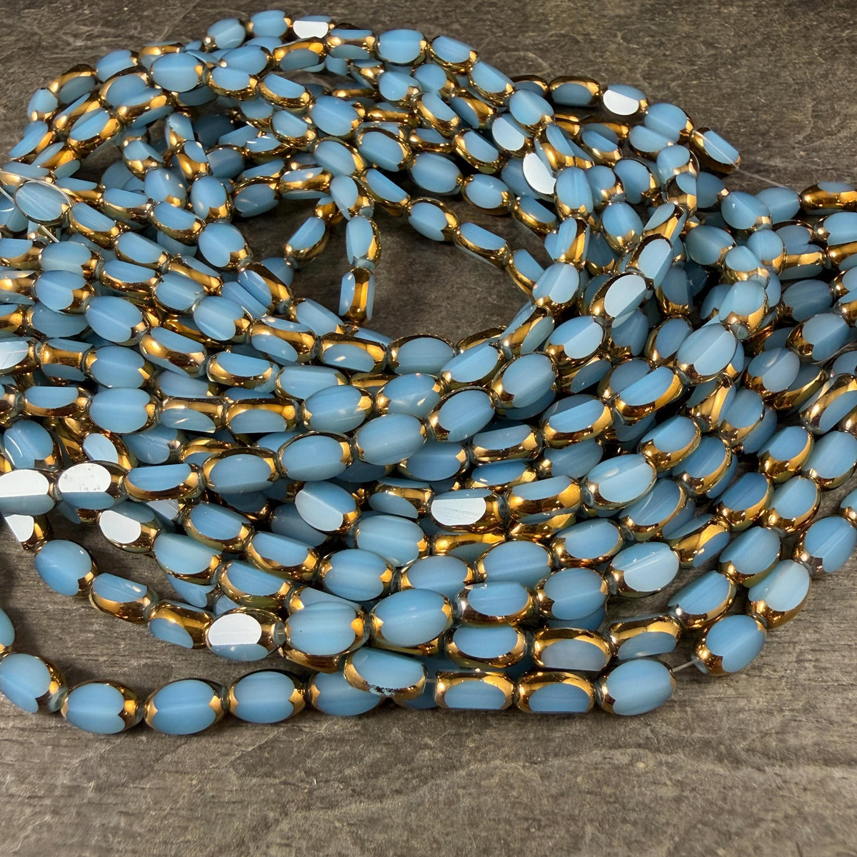 Electroplated Glass Beads - 7x4.5mm Faceted Oval, Opaque Cornflower Blue with Gold Finish (02B-02) * Qty. 50 Beads