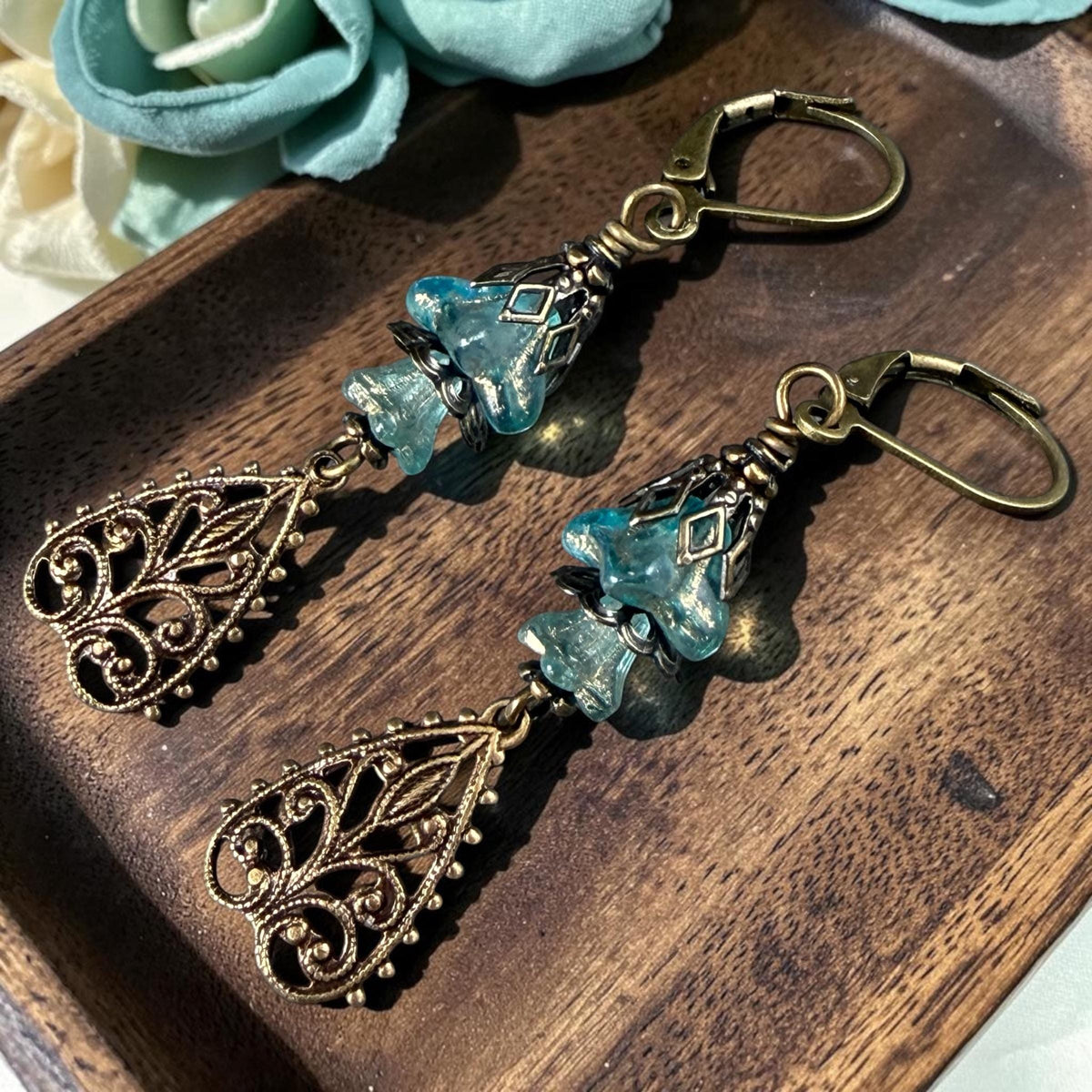 Czech Glass Beads - 6x9mm Bell Flower, Aqua Blue with AB Finish and Gold Wash (BF/N-0473) * Qty. 25