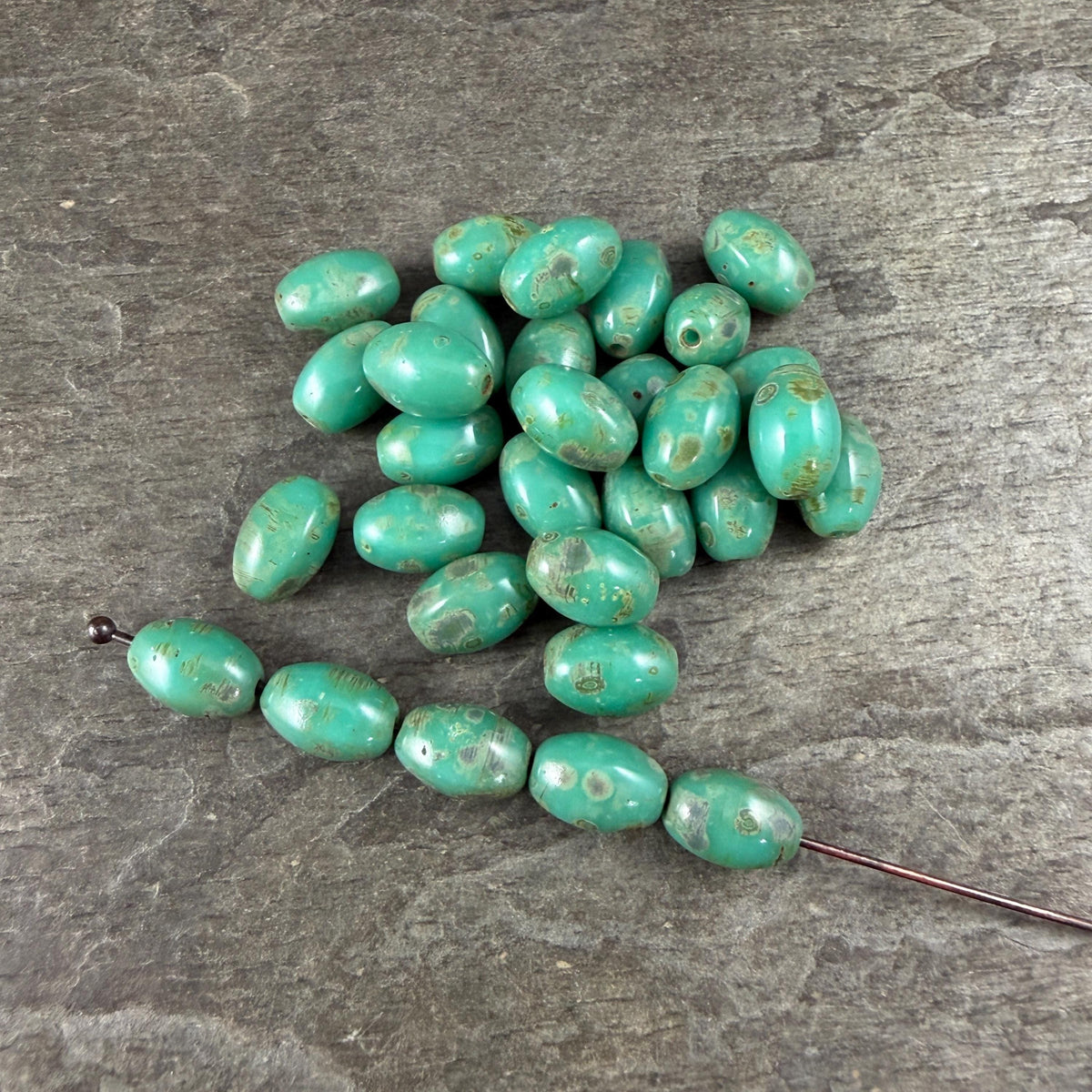Czech Glass Beads - 9x6mm Olive Oval, Dark Turquoise Picasso (R964851) * 20 Beads