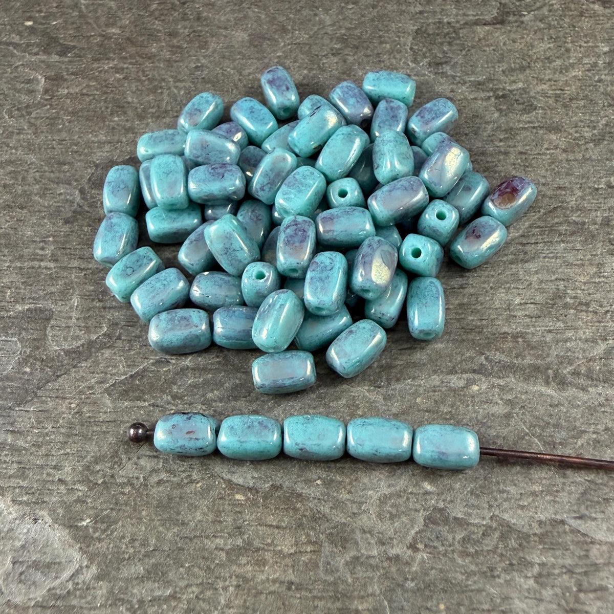 Czech Glass Beads - 5x3mm Rectangle, Cadet Blue Picasso (R965525) * 50 Beads