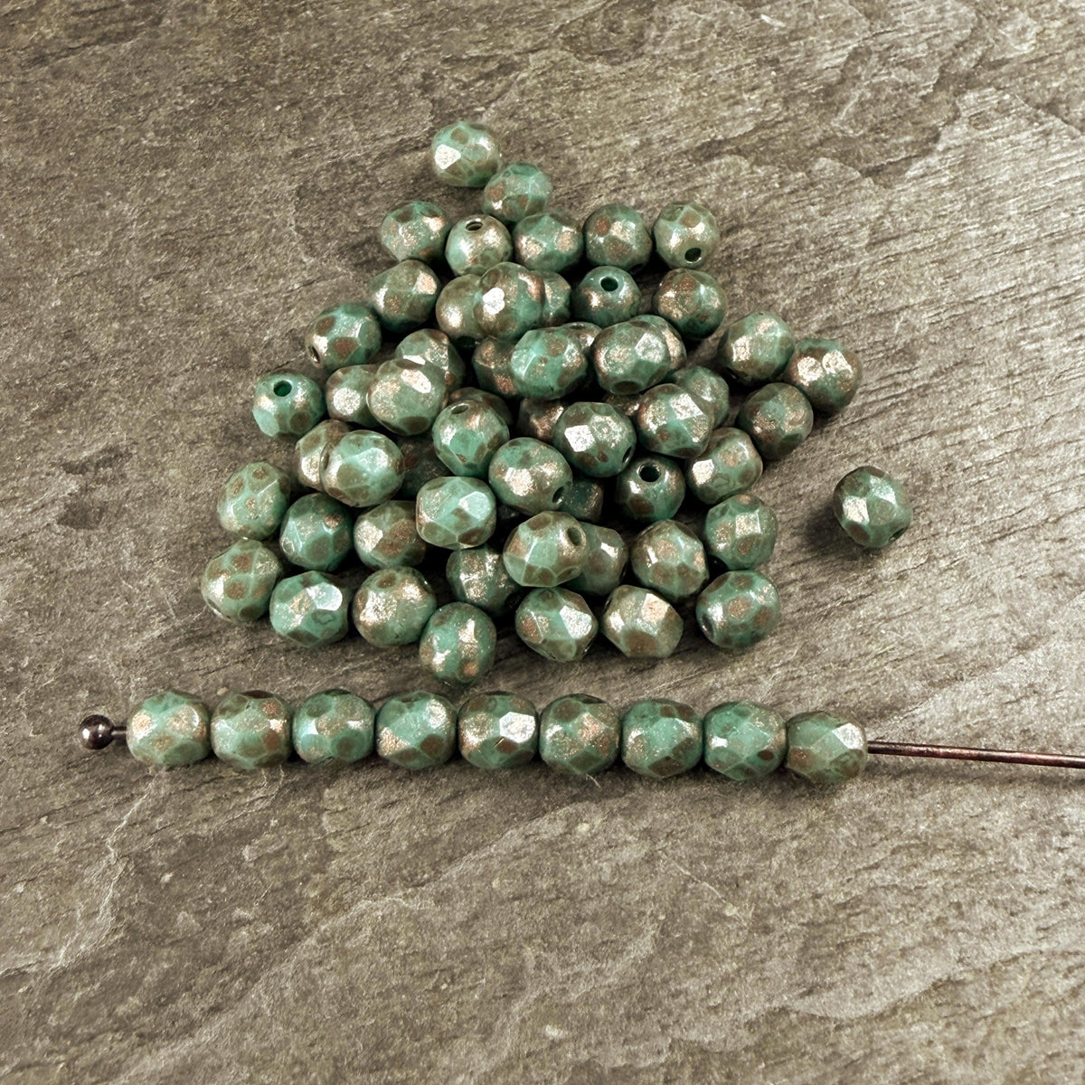 Czech Glass Beads - 4mm Faceted Round, Dark Turquoise with Copper Picasso (R596051) * 50 Beads