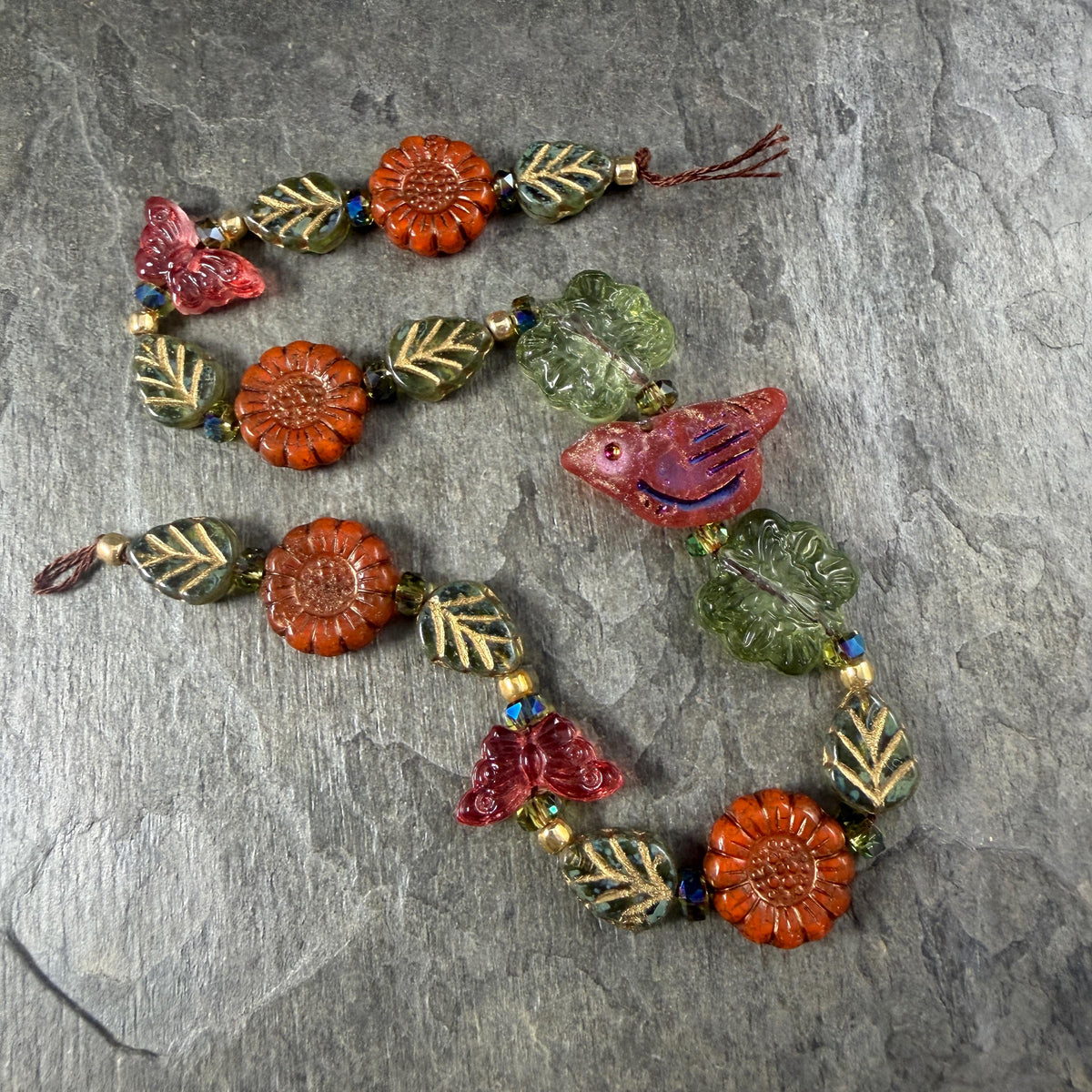 Orange and Green Czech Glass Beads, Nature Theme Exclusive Mix, Bead Soup (DZ526.14) - 9.5" Strand