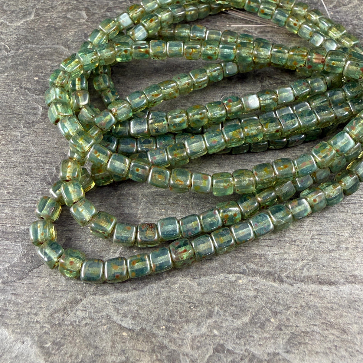 4mm Czech Glass Cube Beads, Transparent Sea Green with Picasso (CUB/N-2088) * Qty. 40
