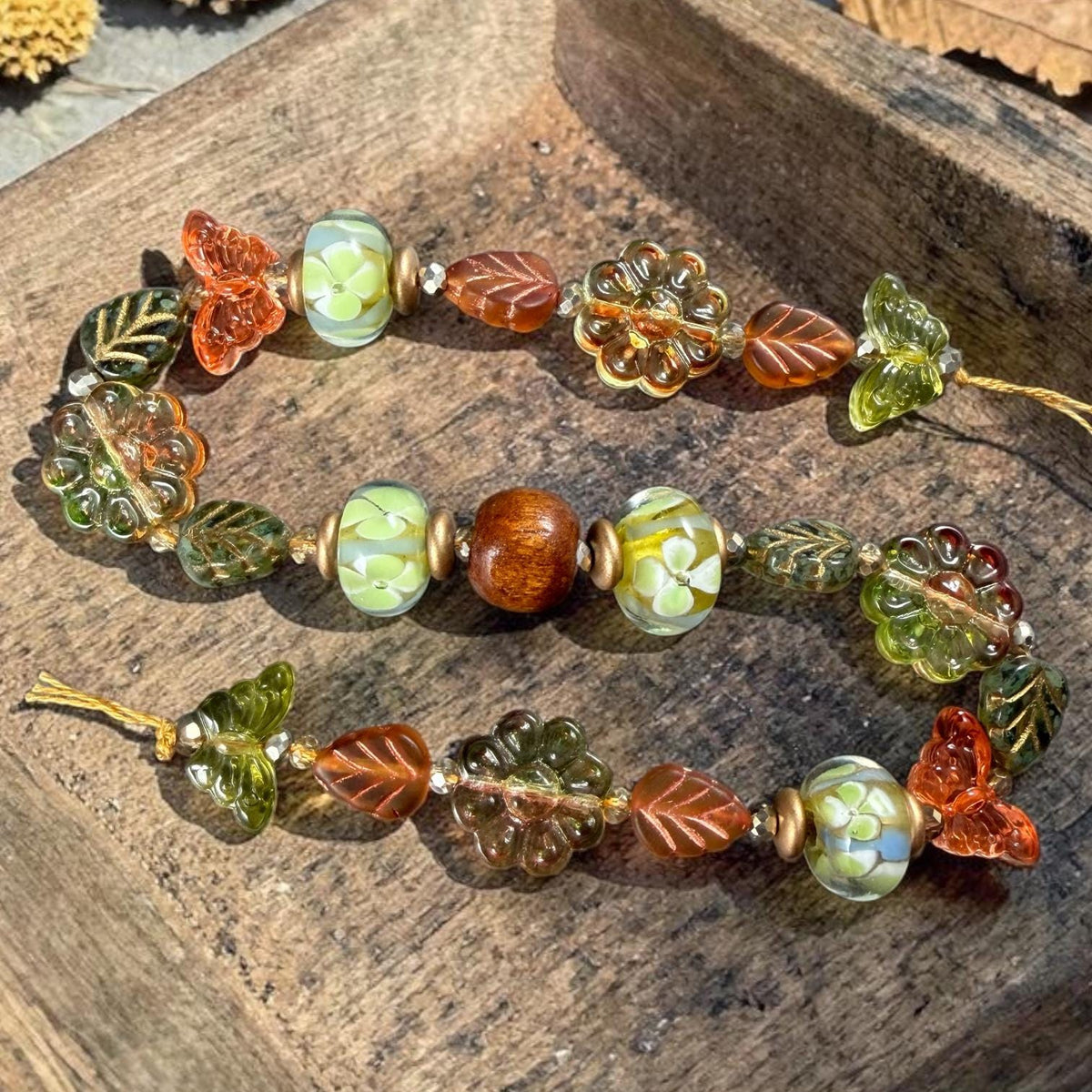 Orange and Green Floral Theme Glass Beads, Exclusive Mix, Bead Soup (1011.03) - 10.5" Strand