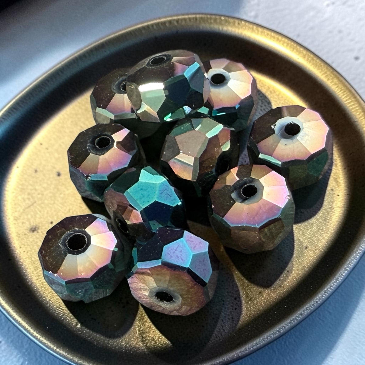 Black Iridescent Beads: Electroplated Glass, 10x7mm Faceted Rondelles * 20 Beads