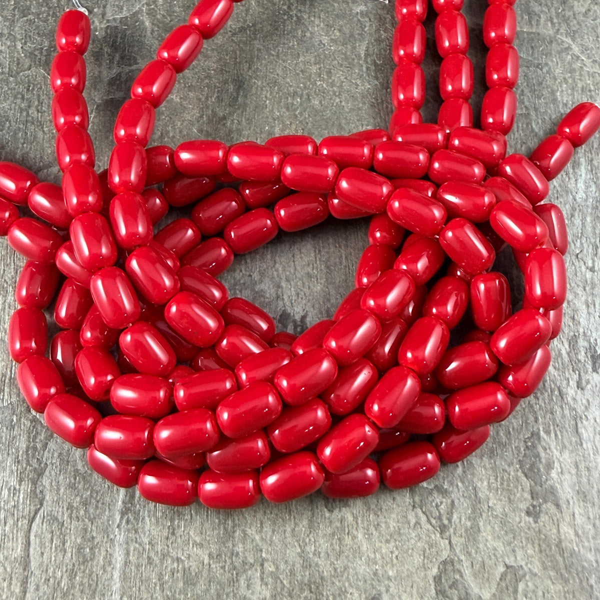 9x6mm Rounded Barrel Glass Beads, Opaque Cardinal Red * 7" Strand, 20 Beads
