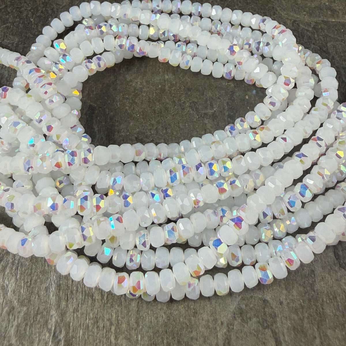 Faceted Glass Beads - 4x2.5mm Heishi Rondelles, White with AB Finish (WhiteAB) * 7" Strand