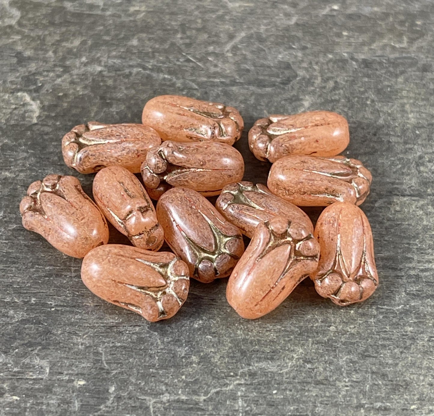 Peach Opaline Flower with Bronze Wash, Czech Glass Beads, 12x8mm Peachy Lily Bud Flower (LBud2) * Qty. 12