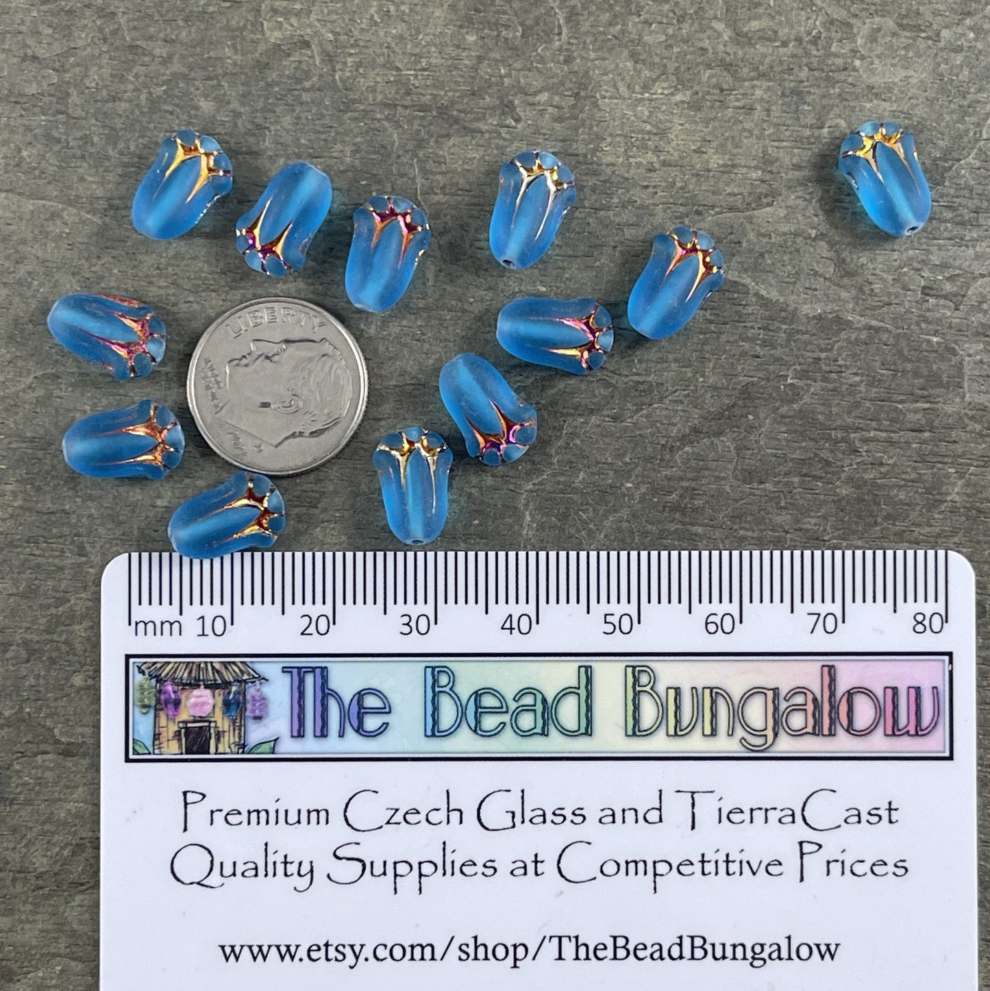 Matte Capri Blue Flower Czech Glass Beads 12x8mm Lily Bud Flower Blue with Sliperit Finish (LBud29) Colorful Czech Flower Beads - Qty. 12