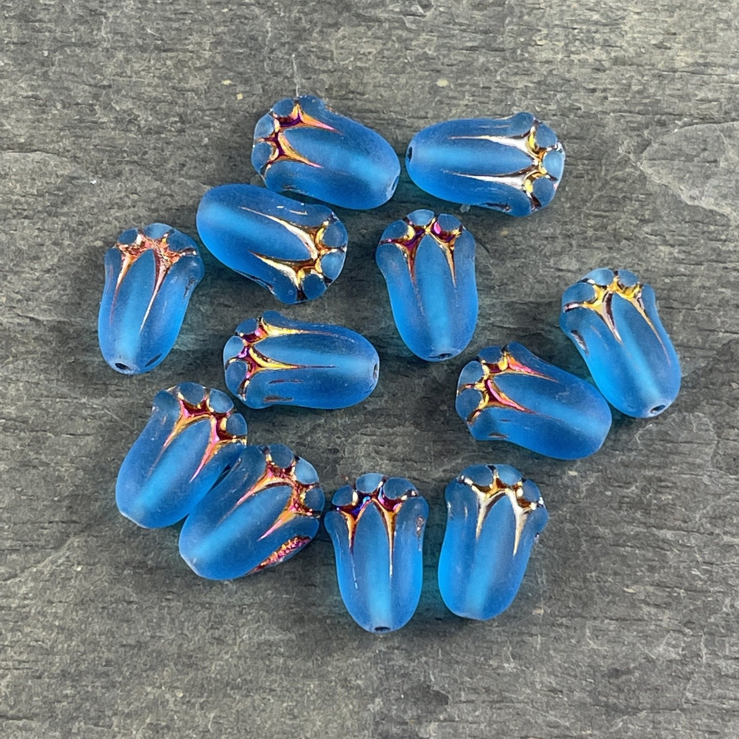 Matte Capri Blue Flower Czech Glass Beads 12x8mm Lily Bud Flower Blue with Sliperit Finish (LBud29) Colorful Czech Flower Beads - Qty. 12