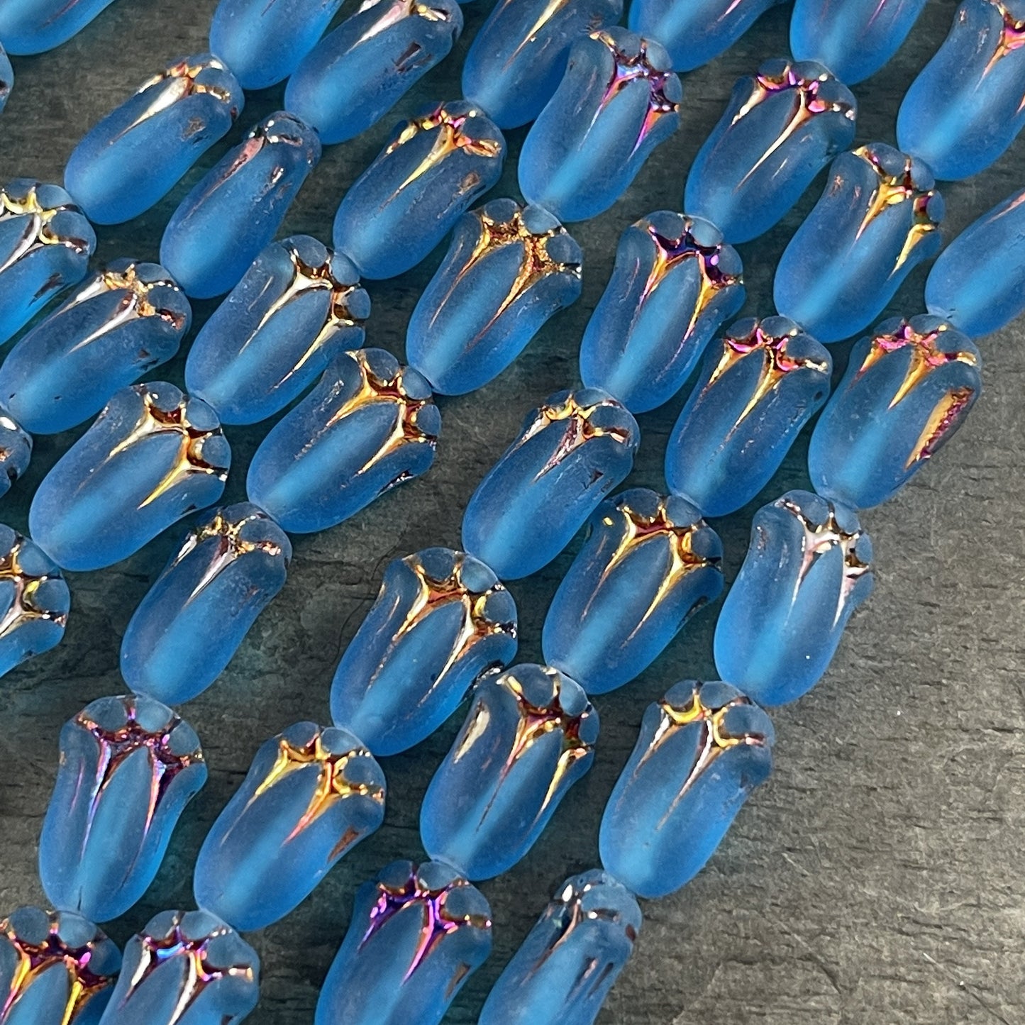 Matte Capri Blue Flower Czech Glass Beads 12x8mm Lily Bud Flower Blue with Sliperit Finish (LBud29) Colorful Czech Flower Beads - Qty. 12