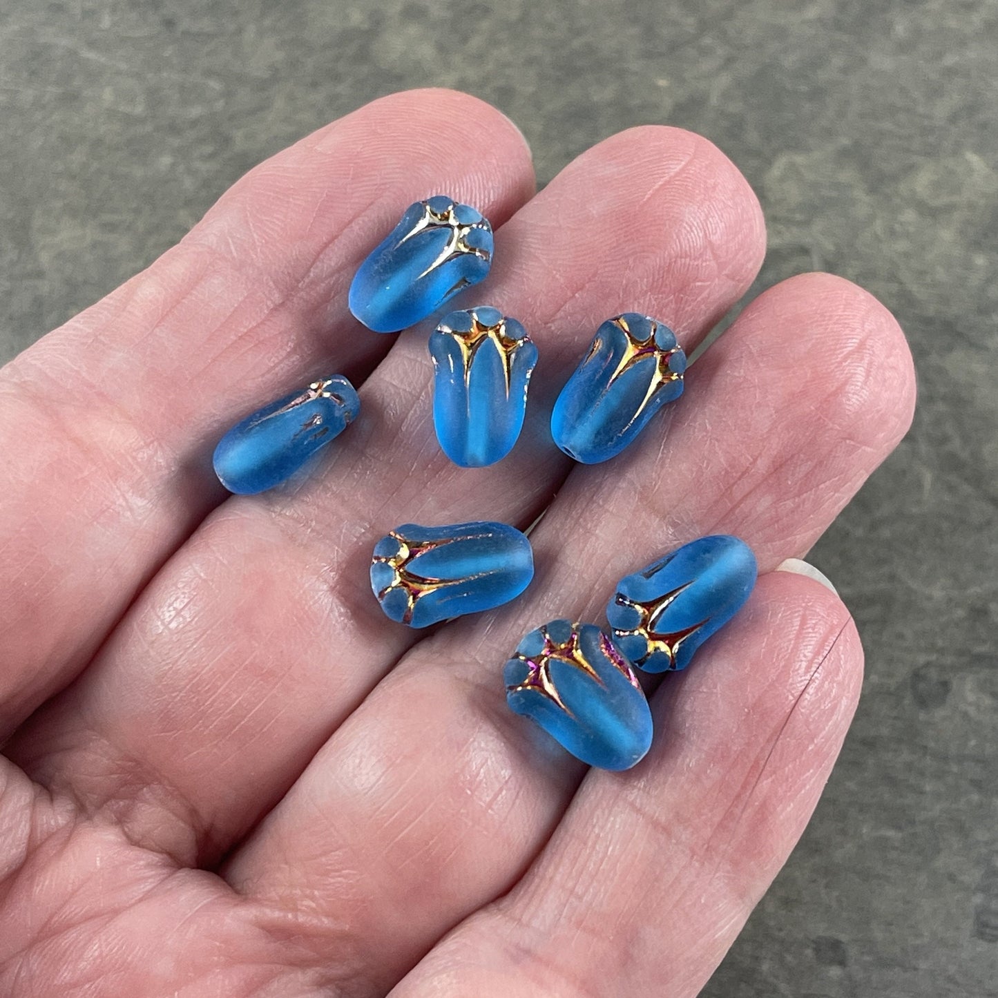 Matte Capri Blue Flower Czech Glass Beads 12x8mm Lily Bud Flower Blue with Sliperit Finish (LBud29) Colorful Czech Flower Beads - Qty. 12