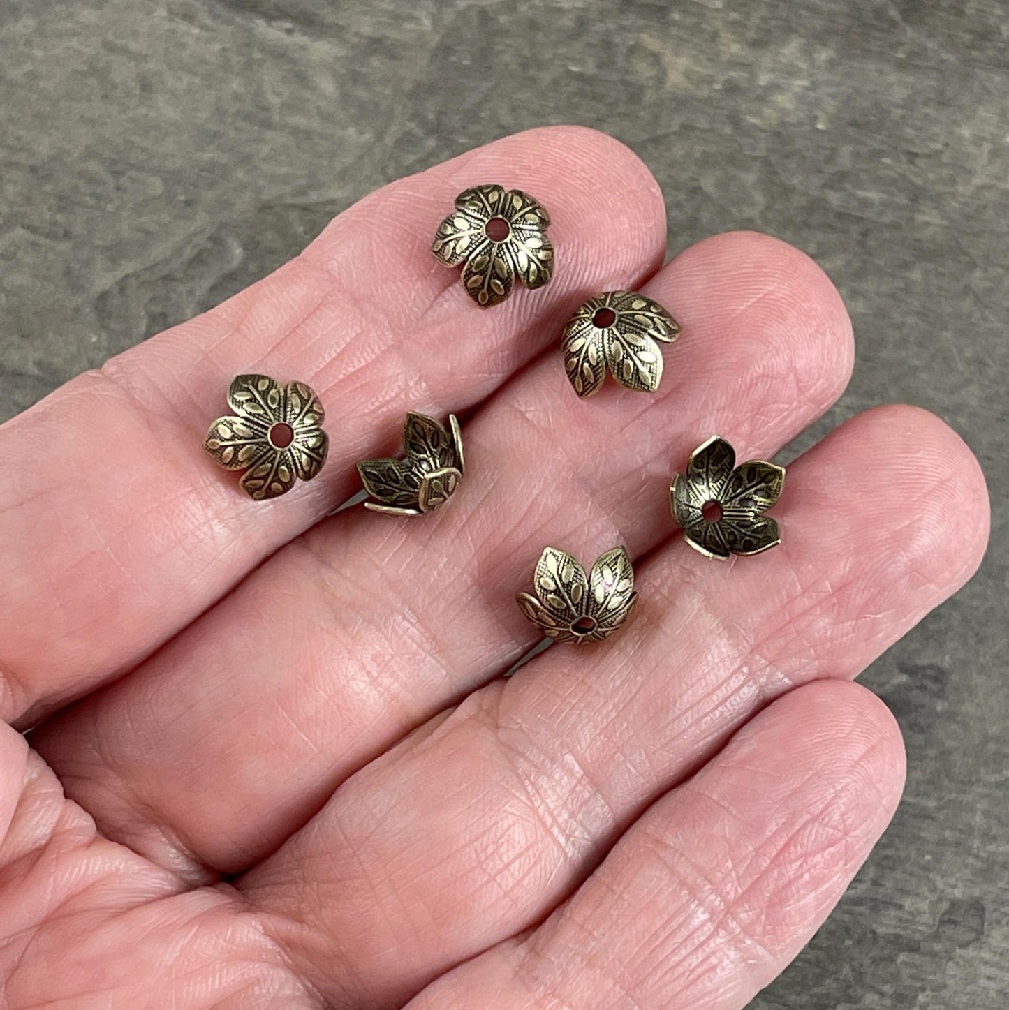 Brass Leaf Embossed Bead Caps ~ Oxidized Brass 8mm Petal Bead Caps ~ Floral Bead Caps (7903-R354) *