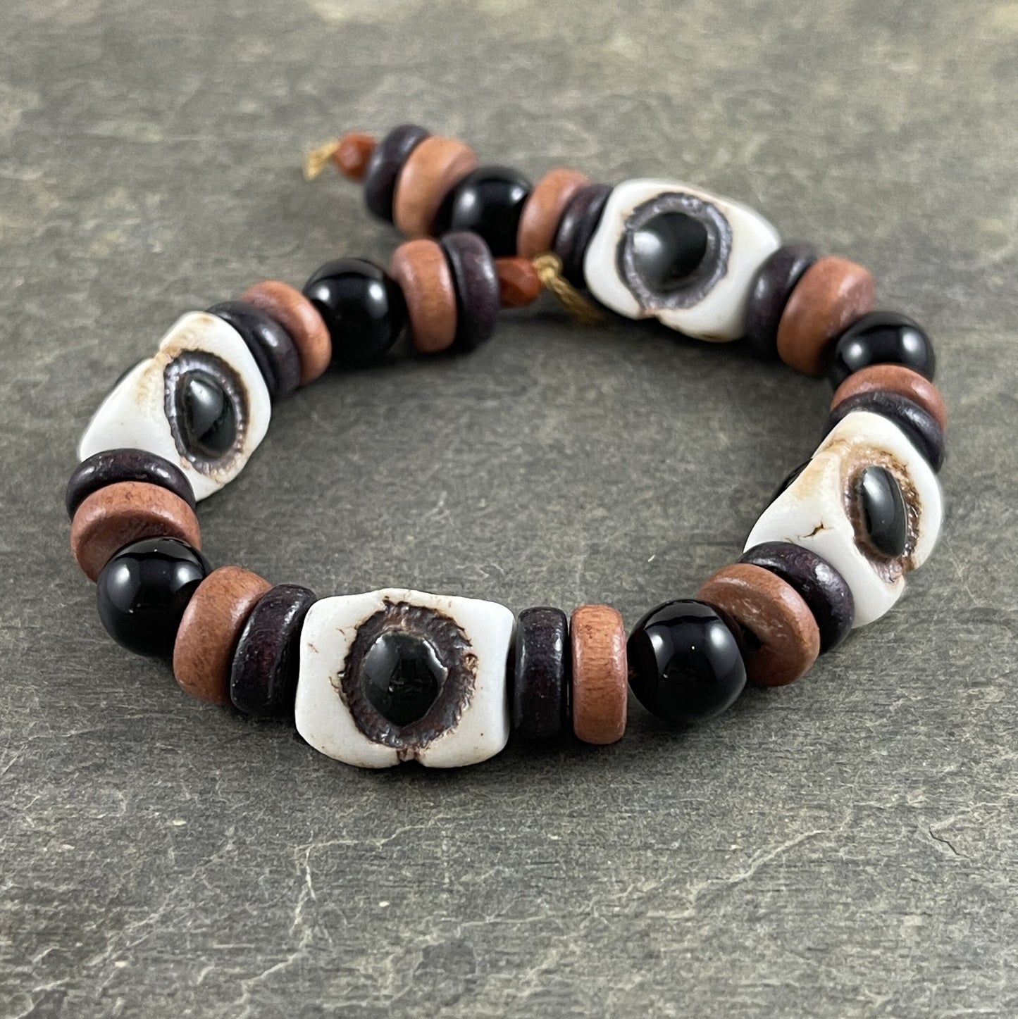 Artisan Handmade Porcelain Beads Black and White Beads with Coordinating Wooden Rondelles Unique Artisan Beads (615-4) - 6.5" Strand