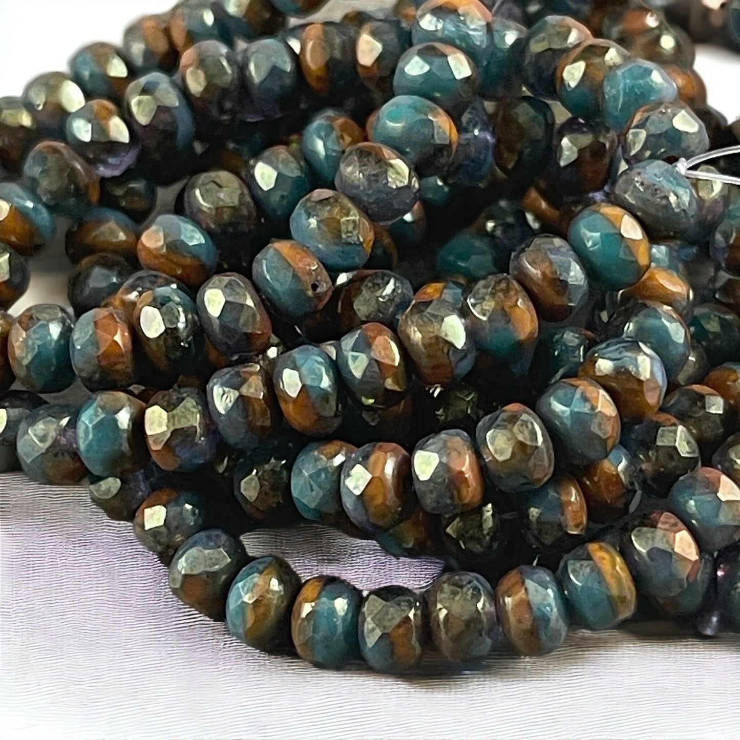 Opaque Teal and Mustard Orange with Golden Finish Czech Glass Beads 5x3mm Rondelle Rustic Faceted Rondelles (R5/RJ-2695) * Qty. 30