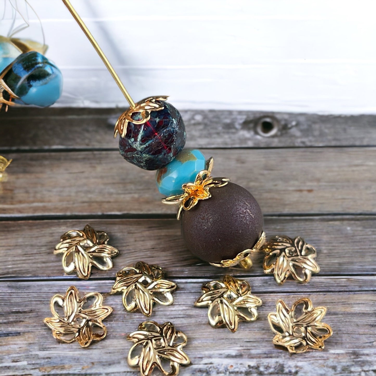 10mm Gold Leaf Design Bead Caps ~ Gold Plated Brass Bead Caps with a Floral Theme (BC-5578) * Qty. 30