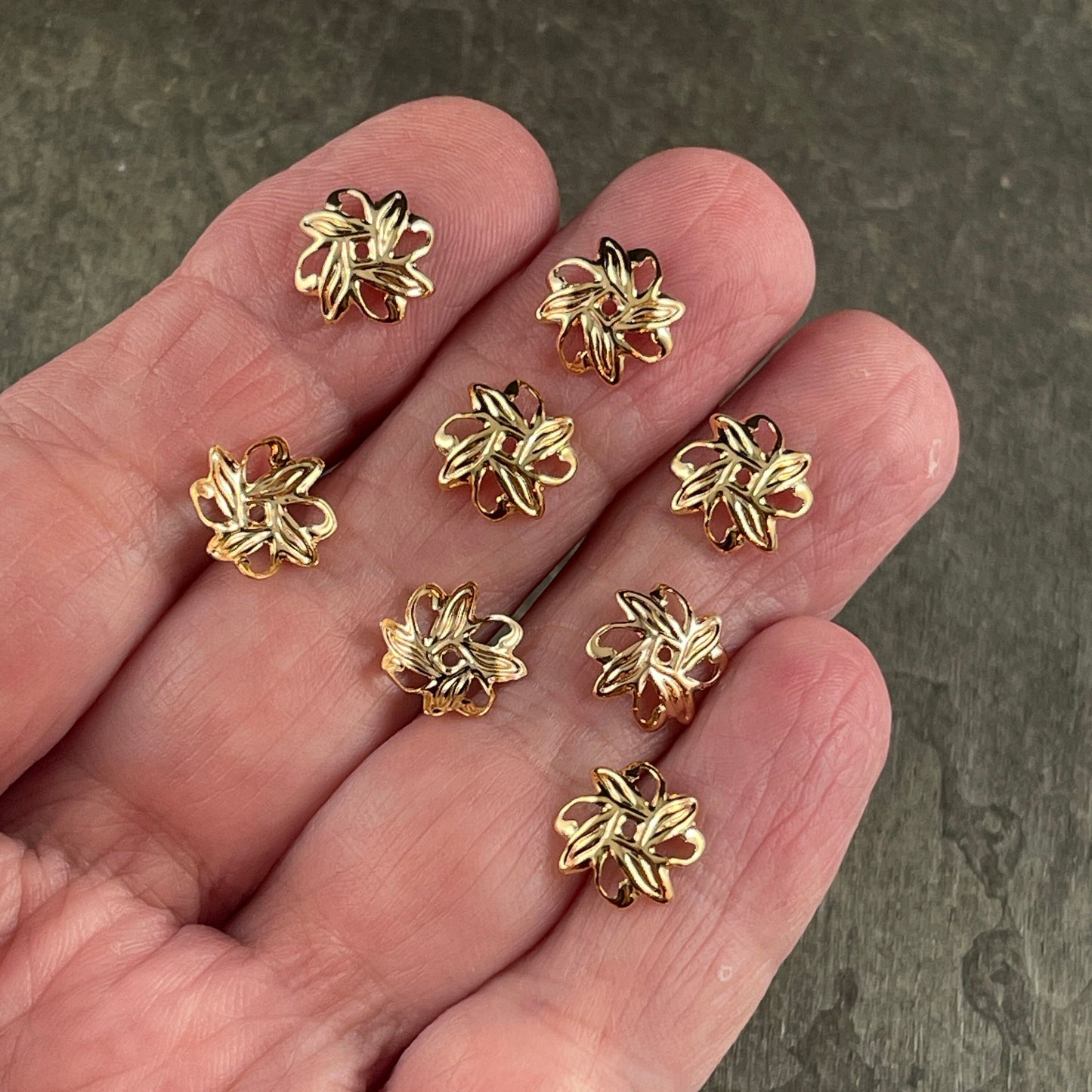 10mm Gold Leaf Design Bead Caps ~ Gold Plated Brass Bead Caps with a Floral Theme (BC-5578) * Qty. 30