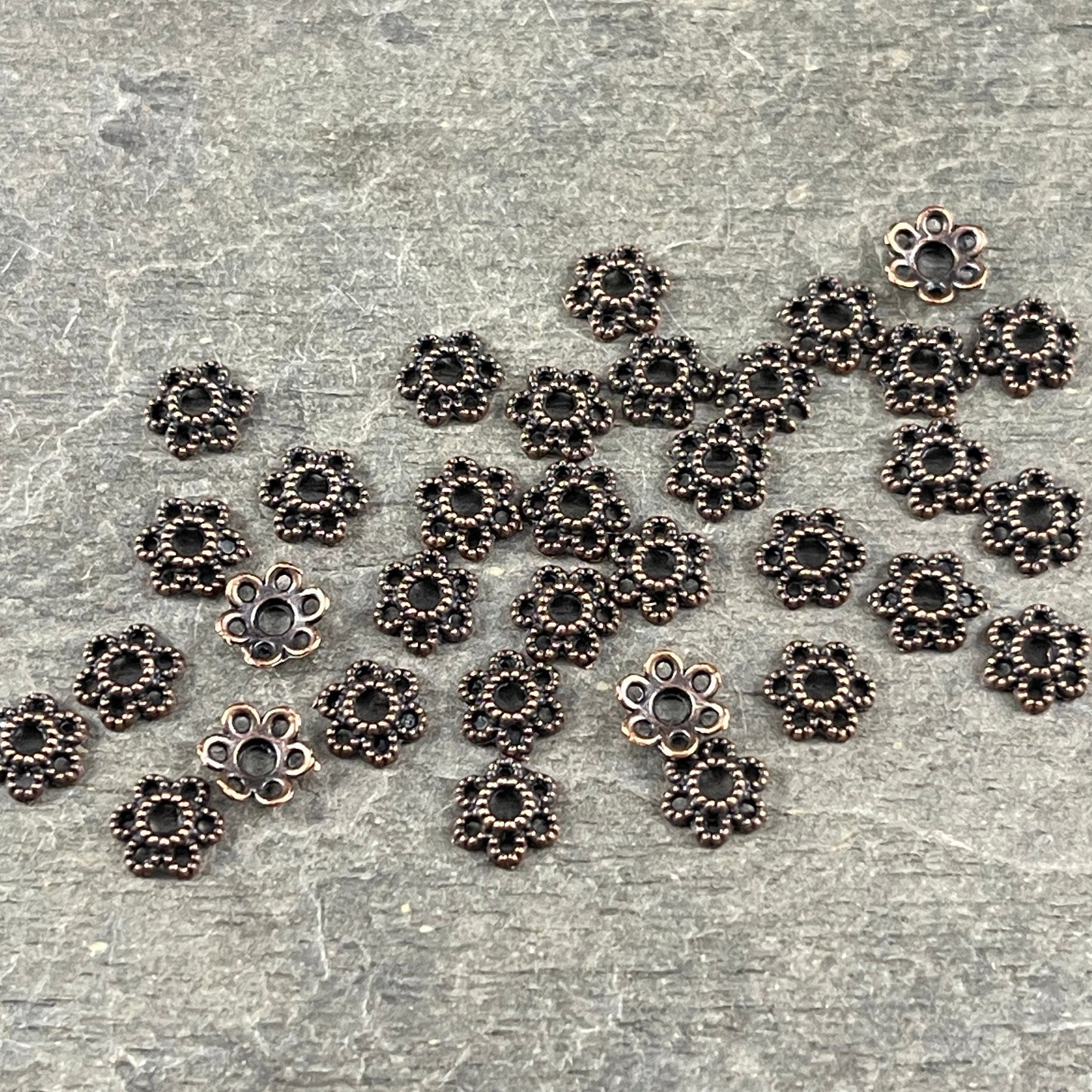 Antiqued Copper Bead Caps ~ 6mm Filigree Flower Petals, Delicate and Dainty Small Bead Caps (S221-R-NF) * Qty. 100