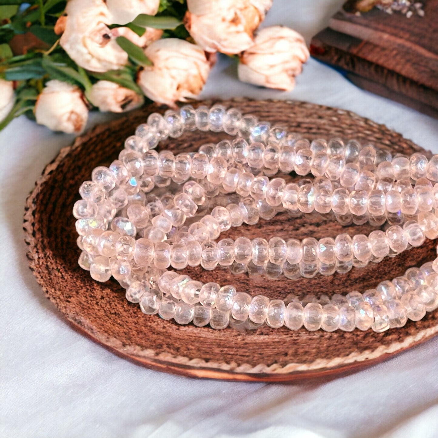 Faceted Vintage Rose Czech Glass Rondelles ~ Transparent Etched Pale Pink with AB Finish ~ 4x2.5mm Pink Spacer Beads (RON3/N-1253) * Qty. 50