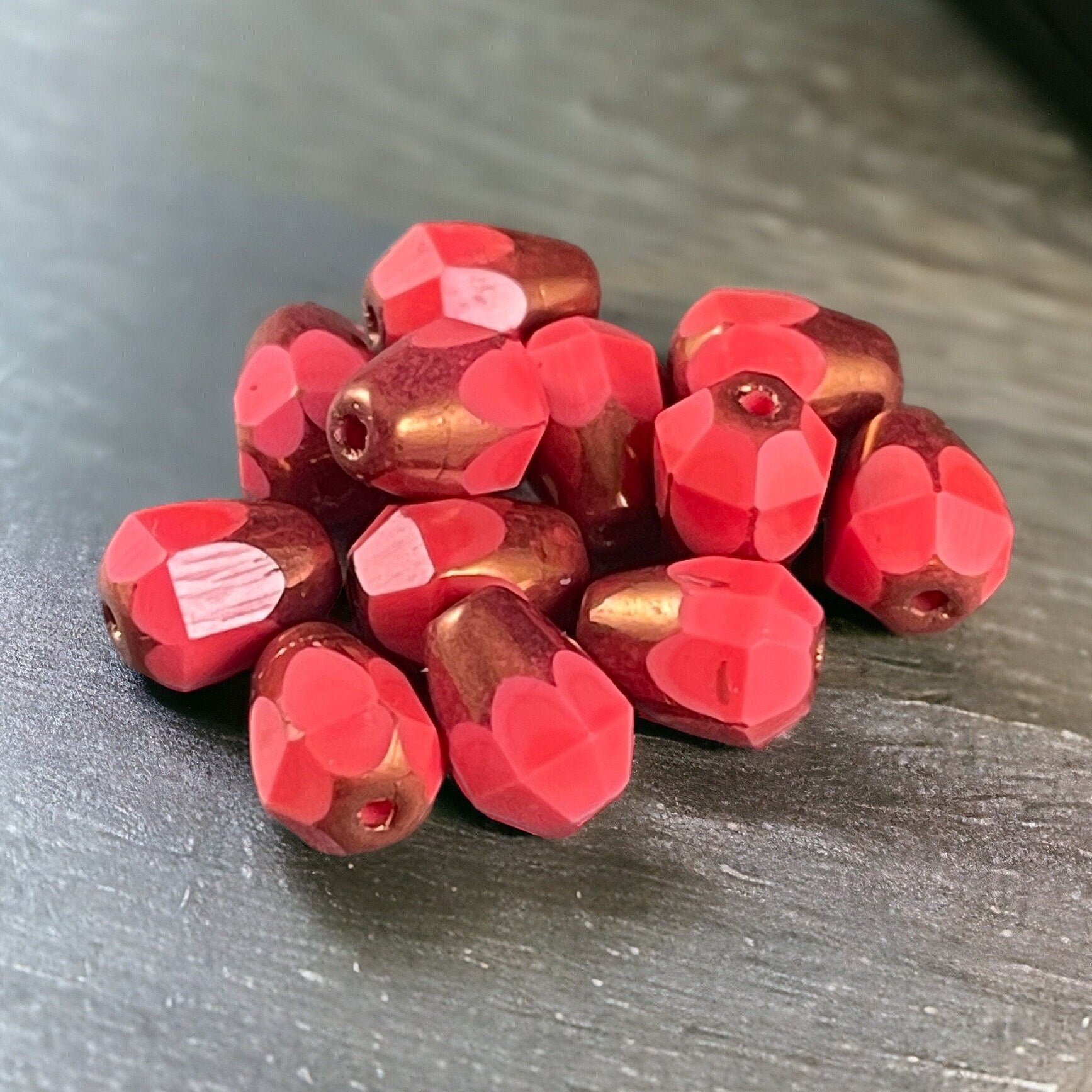 Czech Glass Beads 8mm Orange Faceted Teardrop Beads Czech Beads Dark Coral Teardrop with Bronze Metallic Picasso (DRO/RJ-2123) 15