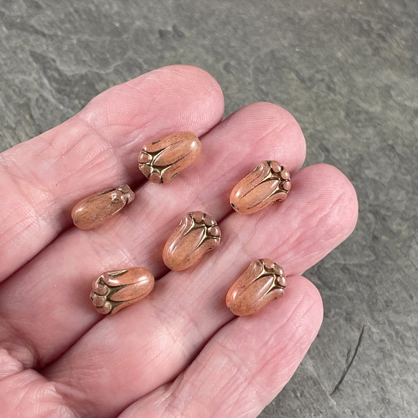 Peach Opaline Flower with Bronze Wash, Czech Glass Beads, 12x8mm Peachy Lily Bud Flower (LBud2) * Qty. 12