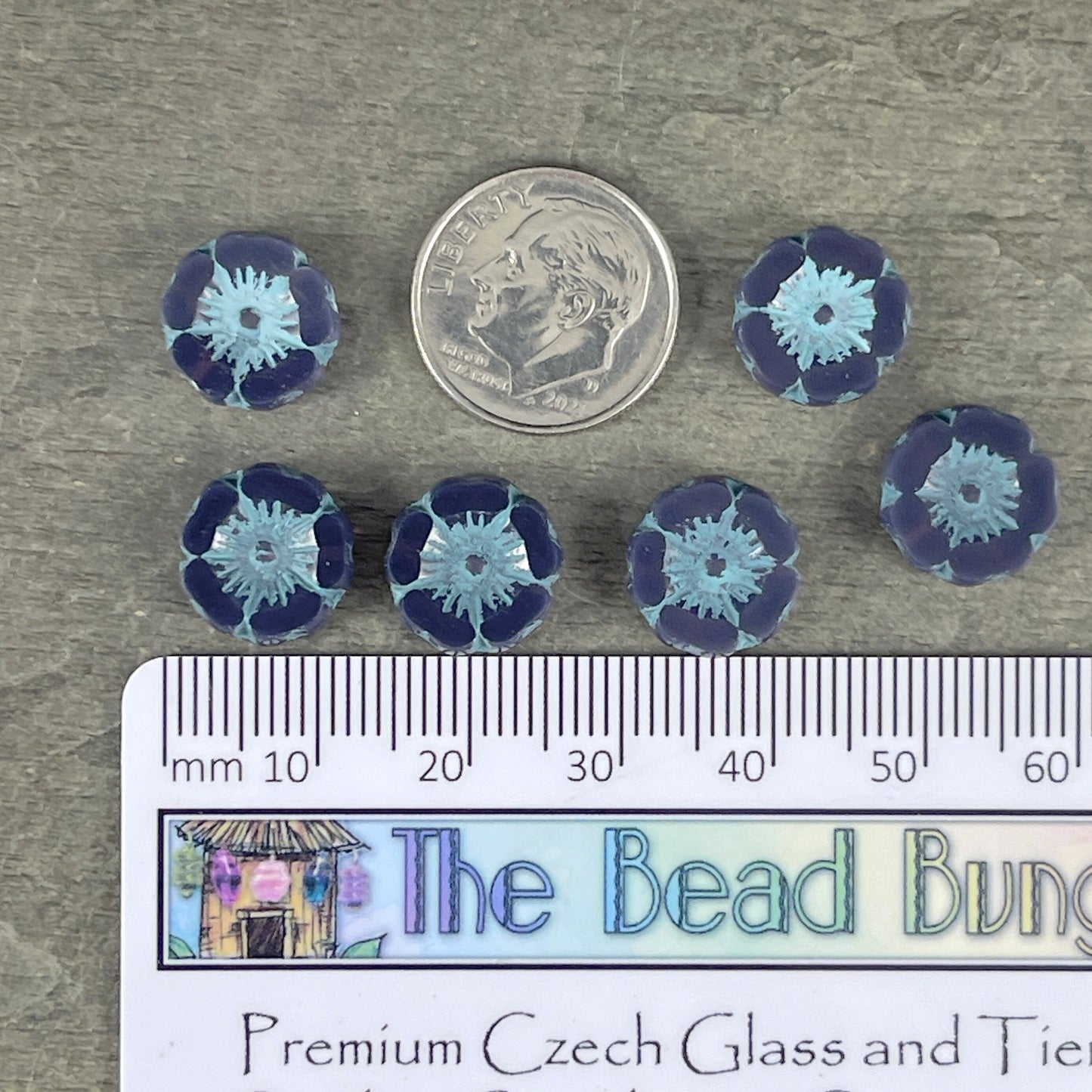 Czech Glass Beads - 12mm Purple and Blue Hibiscus Flower Beads ~ Opaque Lavender with Turquoise Wash (FL12/RJ-1154) * Qty. 6