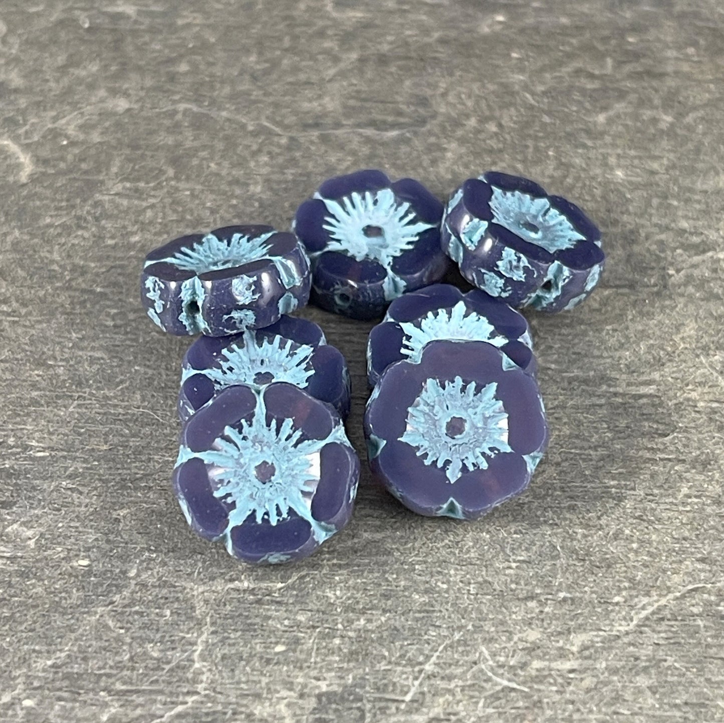 Czech Glass Beads - 12mm Purple and Blue Hibiscus Flower Beads ~ Opaque Lavender with Turquoise Wash (FL12/RJ-1154) * Qty. 6