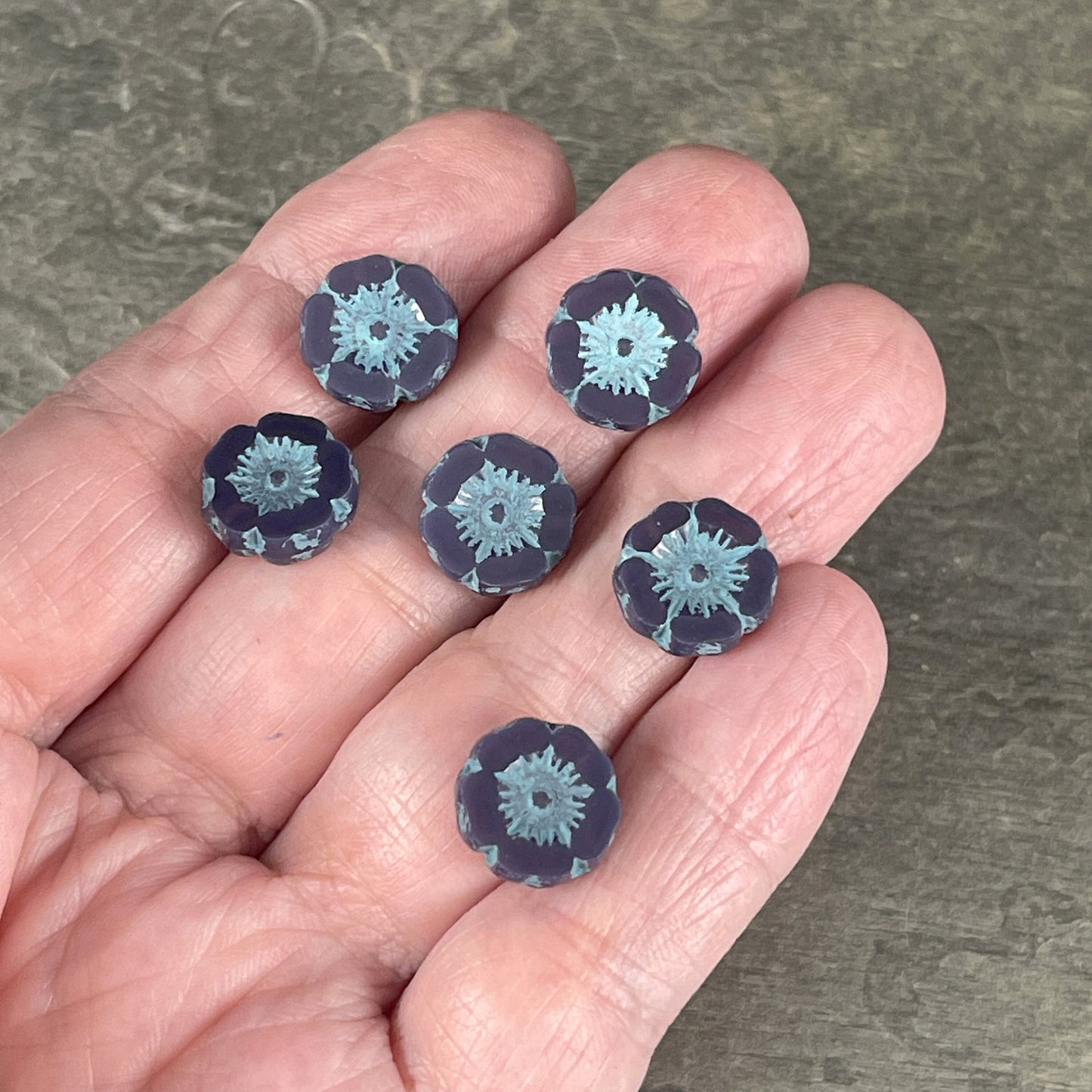 Czech Glass Beads - 12mm Purple and Blue Hibiscus Flower Beads ~ Opaque Lavender with Turquoise Wash (FL12/RJ-1154) * Qty. 6