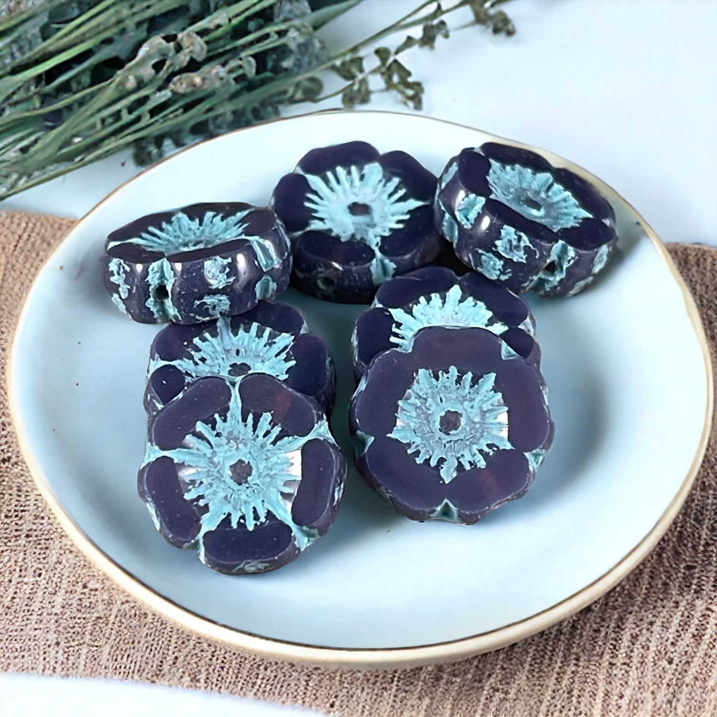 Czech Glass Beads - 12mm Purple and Blue Hibiscus Flower Beads ~ Opaque Lavender with Turquoise Wash (FL12/RJ-1154) * Qty. 6