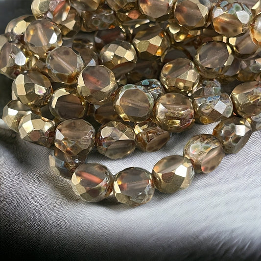 Transparent Picasso and Gold 8mm Table Cut Beads  Unique Czech Faceted Oval Bead - Clear Picasso Czech Glass Beads (FAS/N-0128) * Qty. 10