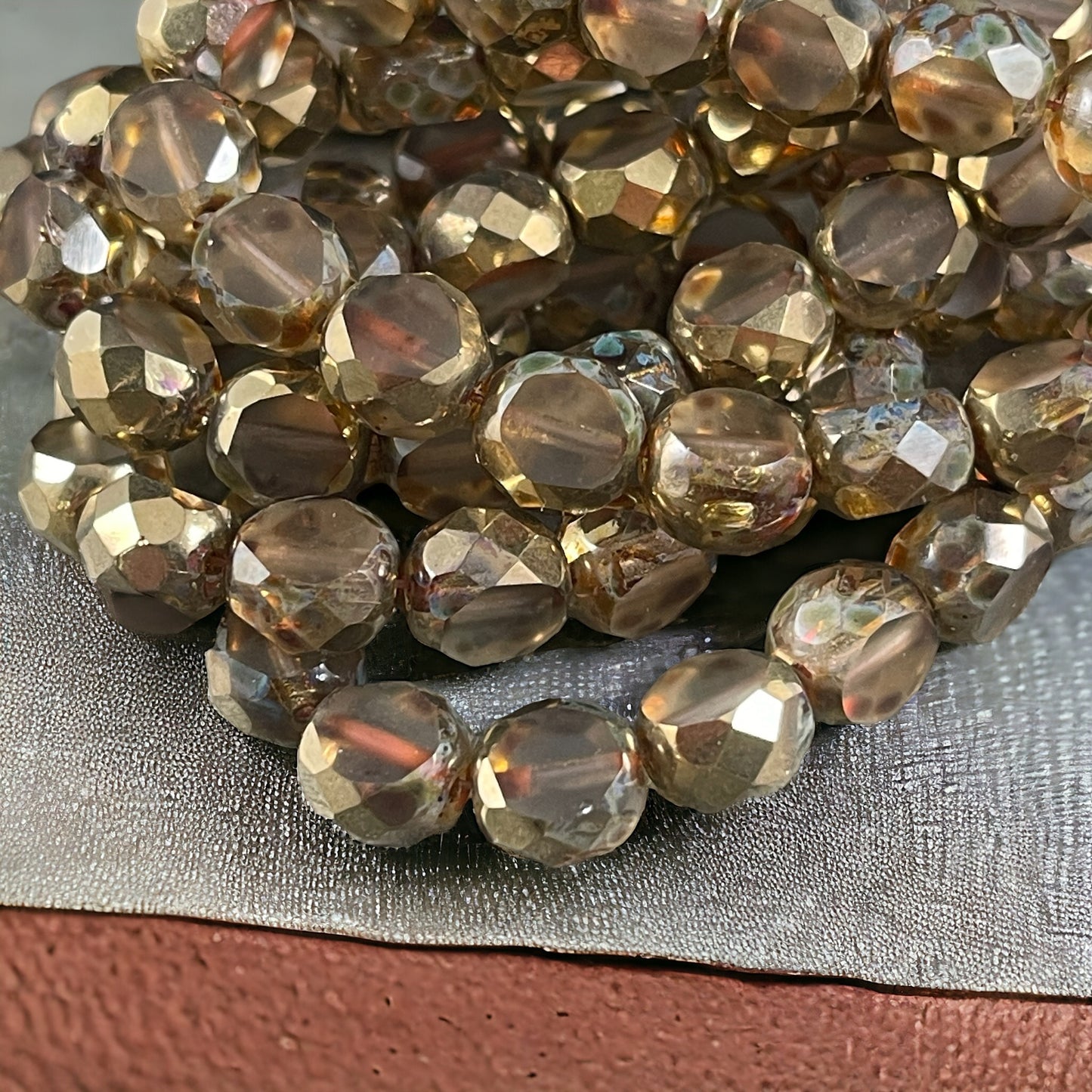 Transparent Picasso and Gold 8mm Table Cut Beads  Unique Czech Faceted Oval Bead - Clear Picasso Czech Glass Beads (FAS/N-0128) * Qty. 10