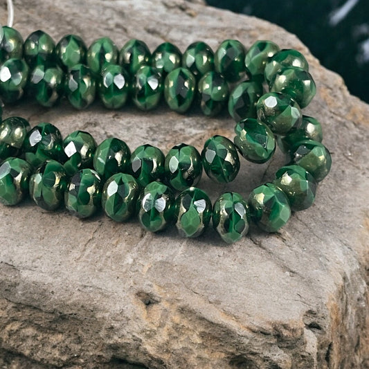 Opaque Emerald Green Picasso Beads  7x5mm Rondelle  Czech Glass Beads  Two tone Dark Green Beads (R7/N-1060) * Qty 25