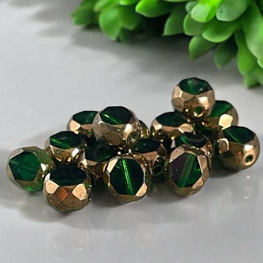 Emerald Green and Bronze 8mm Table Cut Bead, Unique Czech Faceted Oval Bead, Green Czech Glass Beads (FAS/N-1242) * Qty. 15