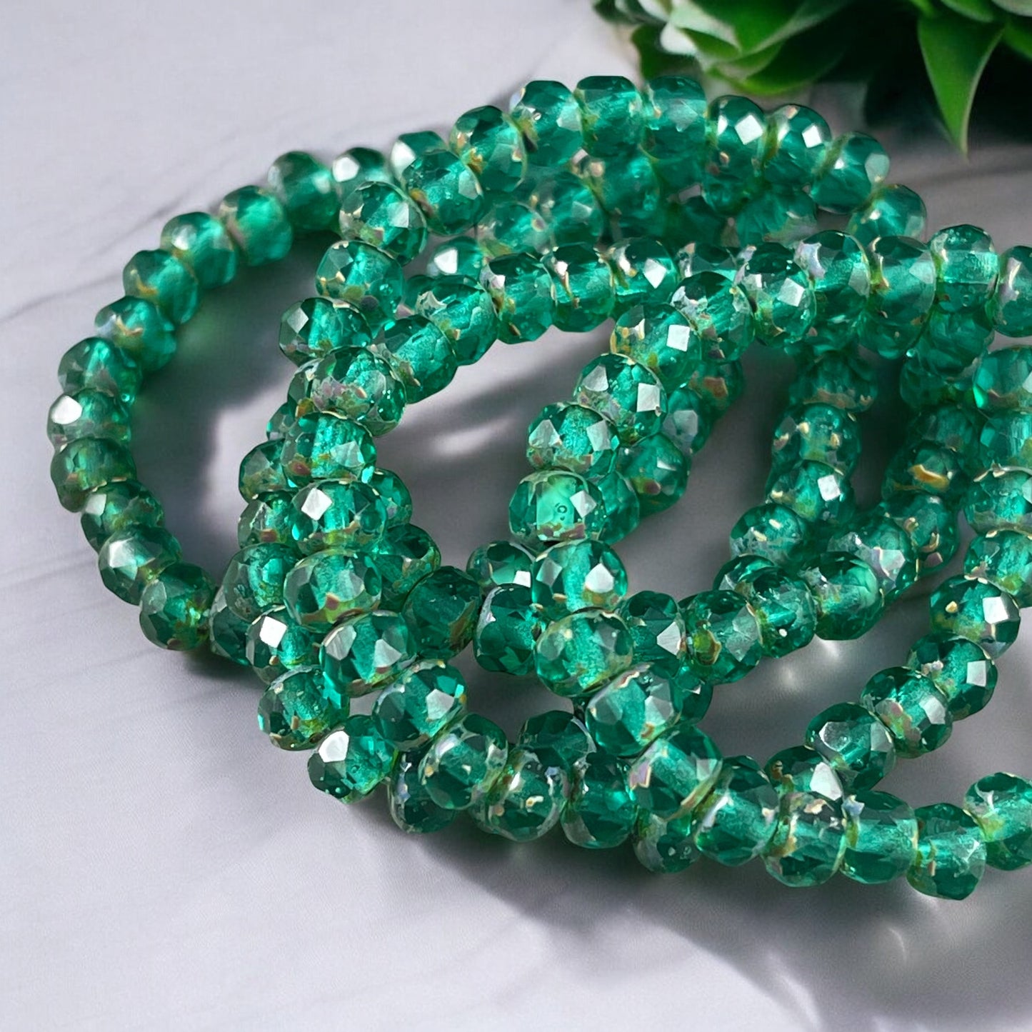 Green Rondelles  Czech Beads  5x3mm Rondelle  Czech Glass Beads - Transparent Emerald Green Glass Beads with Picasso (R5/RJ-2250) - Qty 30