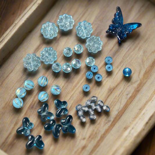 RESERVED - Blue Nature Theme Glass Beads - Butterflies and Flowers with Coordinating Czech Glass and Crystal Beads - Custom Mix