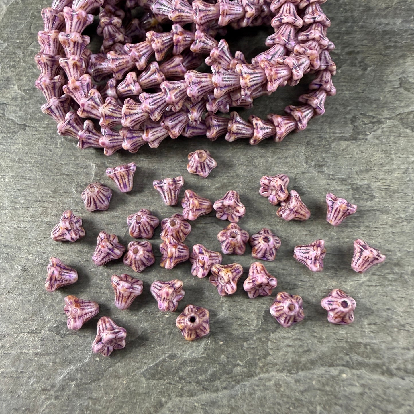Czech Beads - 5x6mm Small Trumpet Bell Flower, Lavender with Purple Picasso (FLO/N-2301) * 30 Beads