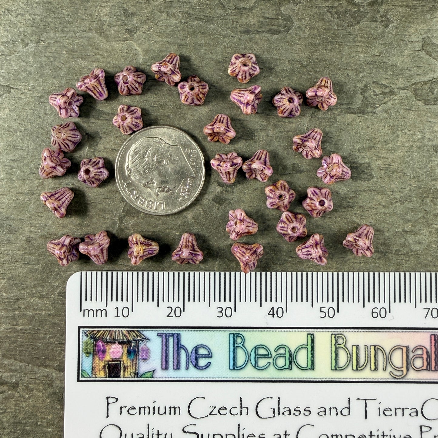 Czech Beads - 5x6mm Small Trumpet Bell Flower, Lavender with Purple Picasso (FLO/N-2301) * 30 Beads