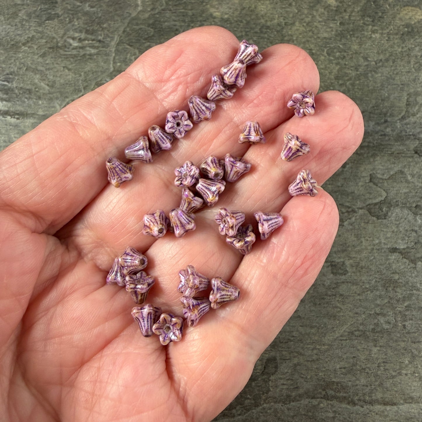 Czech Beads - 5x6mm Small Trumpet Bell Flower, Lavender with Purple Picasso (FLO/N-2301) * 30 Beads