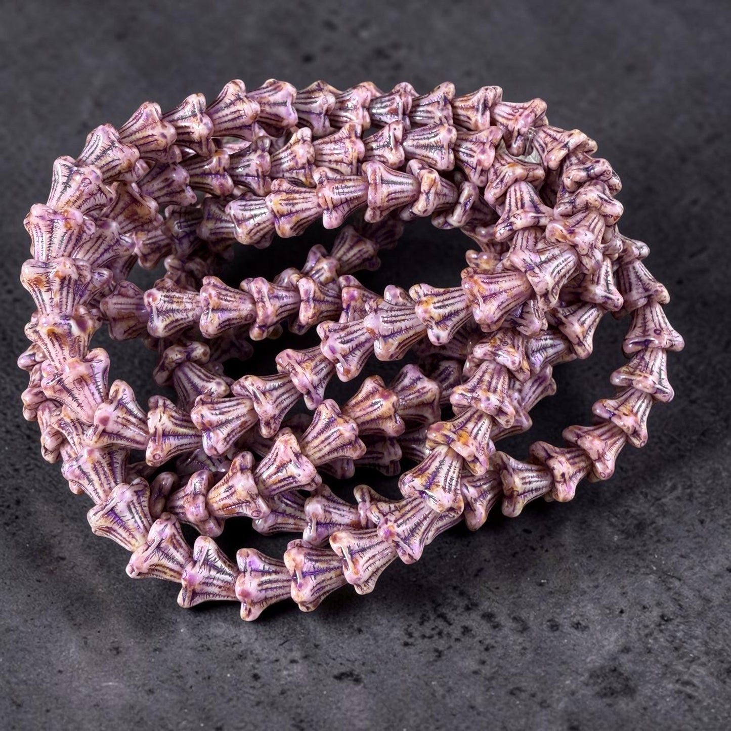 Czech Beads - 5x6mm Small Trumpet Bell Flower, Lavender with Purple Picasso (FLO/N-2301) * 30 Beads